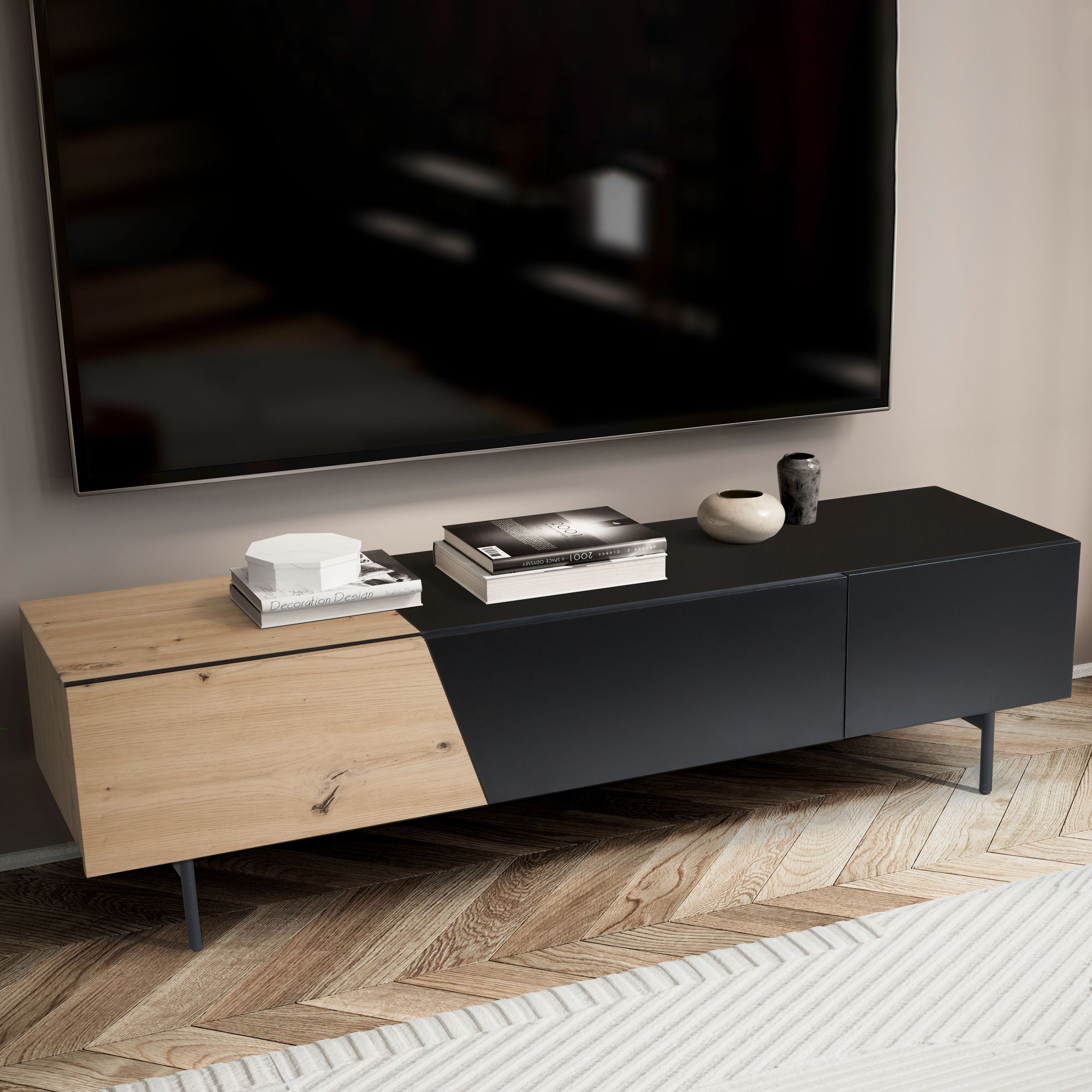 Credenza bassa nera con decoro in rovere 150x40x40 cm mobile tv moderno, mobile tv di design basso, tavolo tv mobile tv con ante e cassetto, mobile tv soggiorno