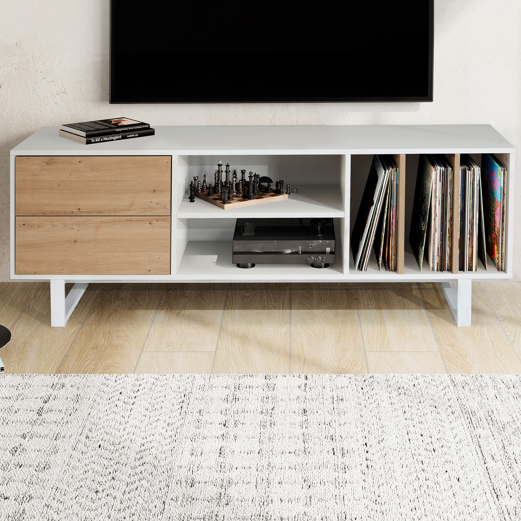 Credenza bianca con decoro in rovere 150x55x40 cm mobile tv moderno, mobile tv di design alto, tavolo tv mobile tv con cassetti e ripiano, mobile tv soggiorno