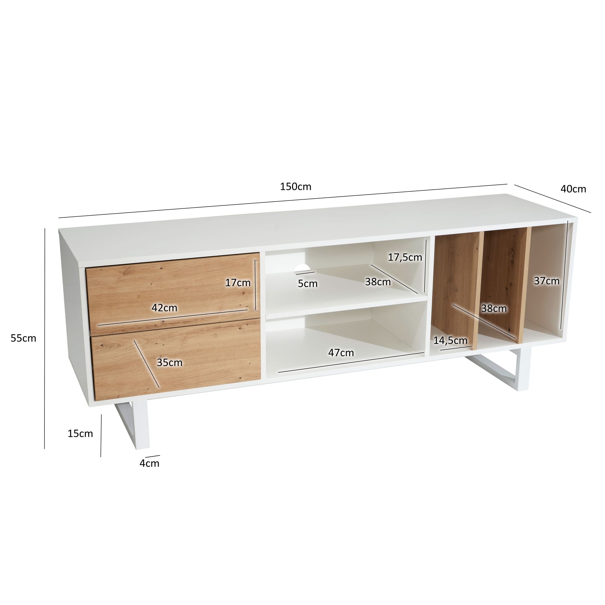 Credenza bianca con decoro in rovere 150x55x40 cm mobile tv moderno, mobile tv di design alto, tavolo tv mobile tv con cassetti e ripiano, mobile tv soggiorno