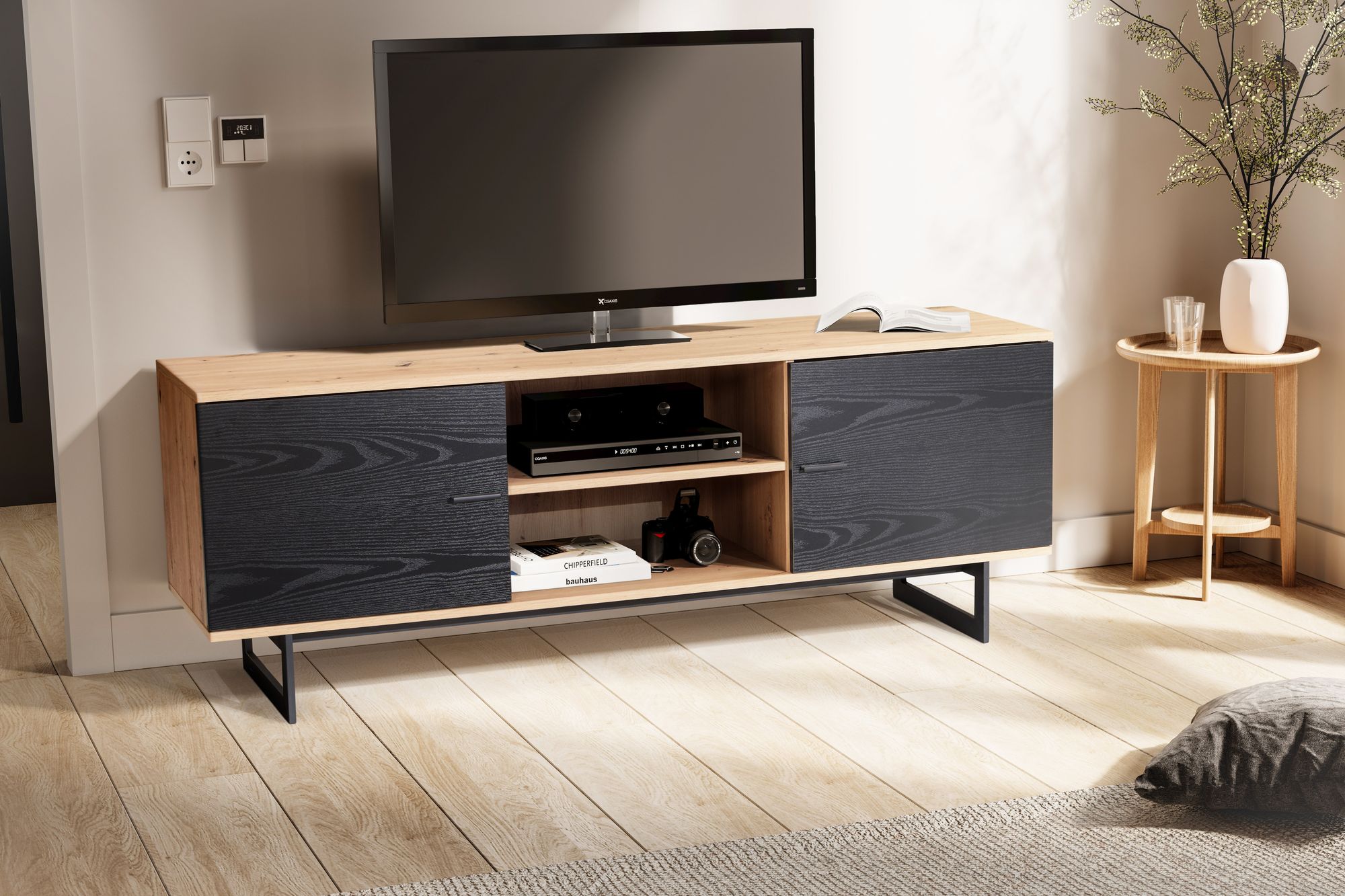 Mobile tv basso con decoro in rovere nero 150x55x40 cm mobile tv moderno, mobile tv di design alto, tavolo tv mobile tv con due ante, mobile tv soggiorno