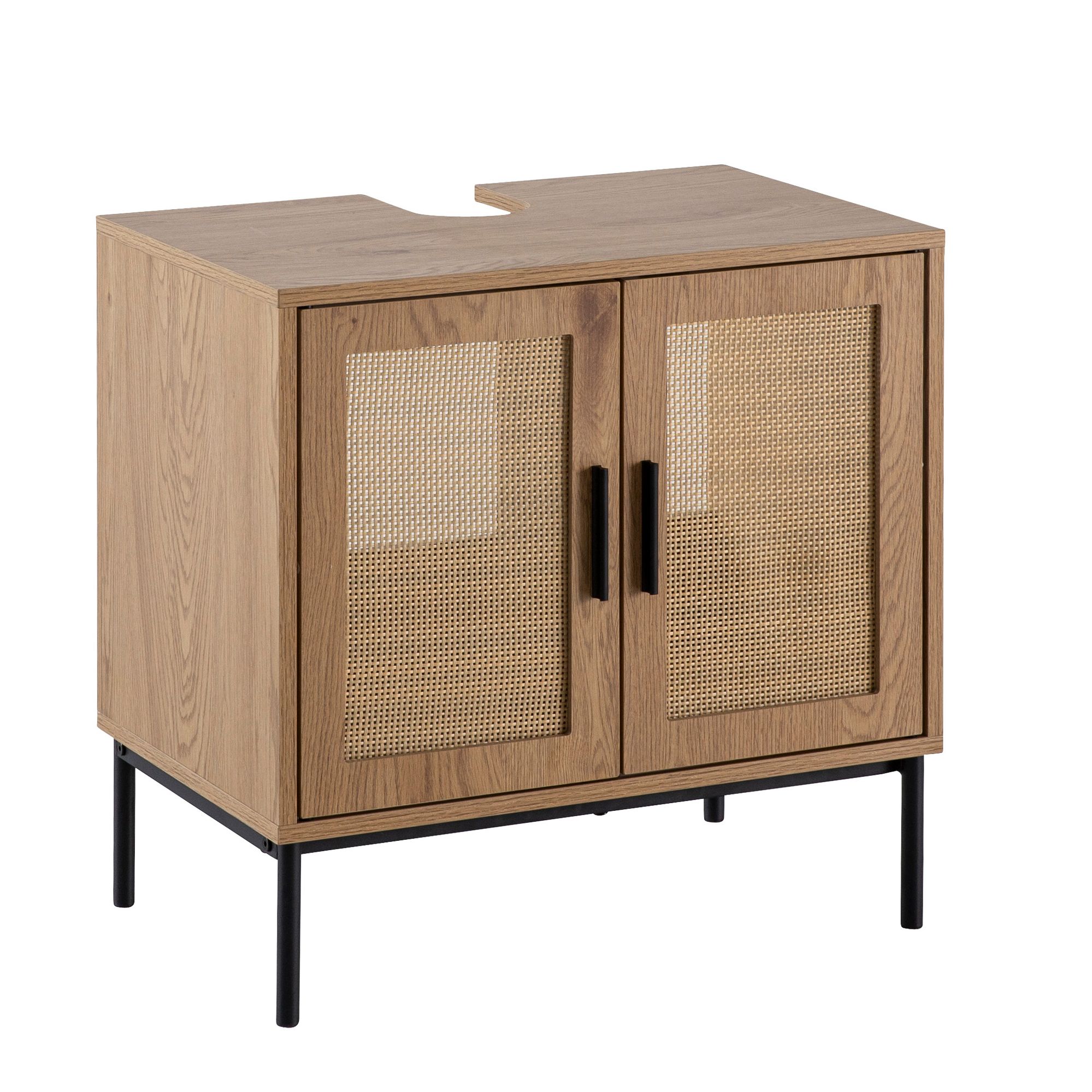 Mobile base per lavabo aspetto rovere 60x60x40 cm con ante, mobile da bagno con intreccio in rattan, mobile base in piedi, mobile da bagno mobile midi mobile piccolo lavabo