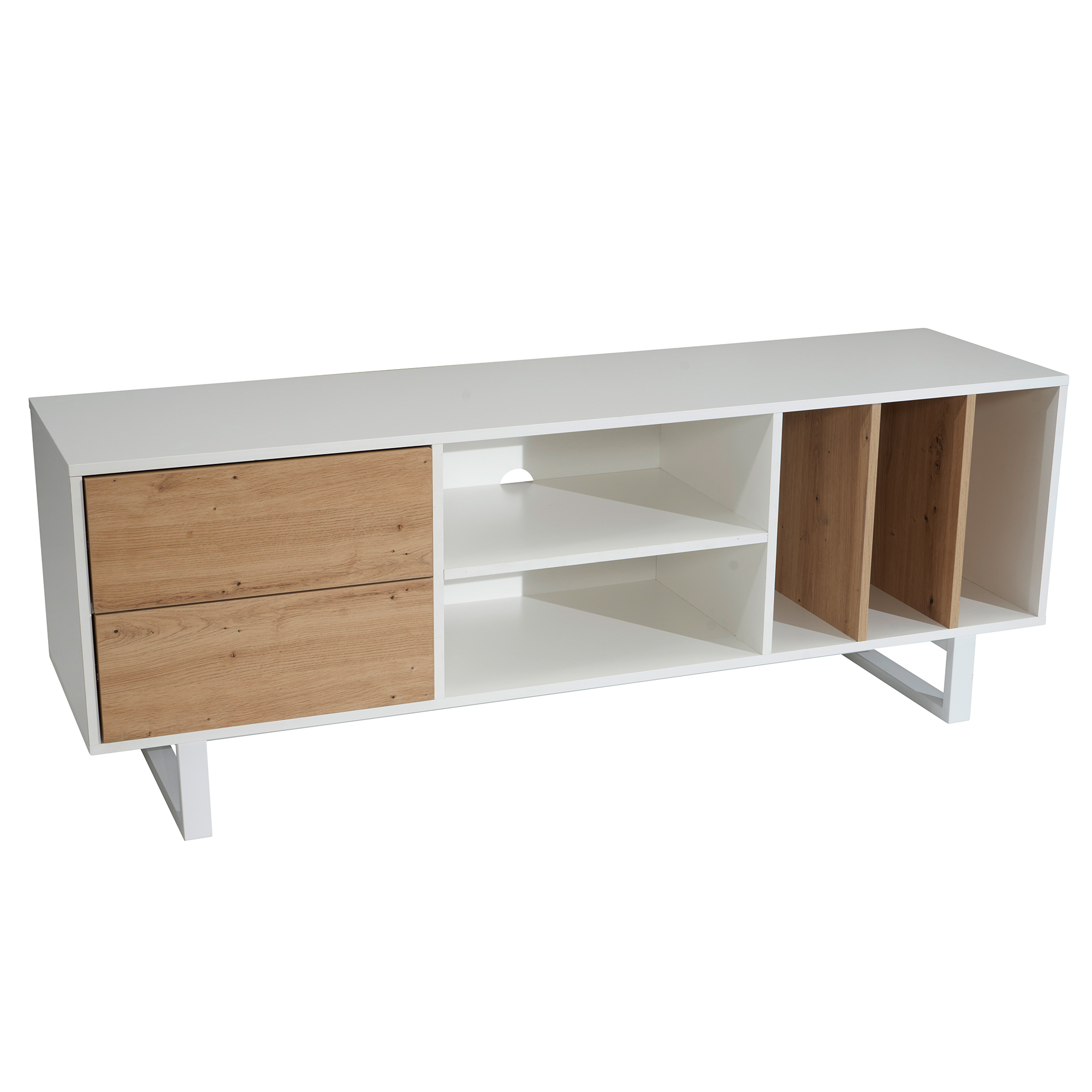 Credenza bianca con decoro in rovere 150x55x40 cm mobile tv moderno, mobile tv di design alto, tavolo tv mobile tv con cassetti e ripiano, mobile tv soggiorno