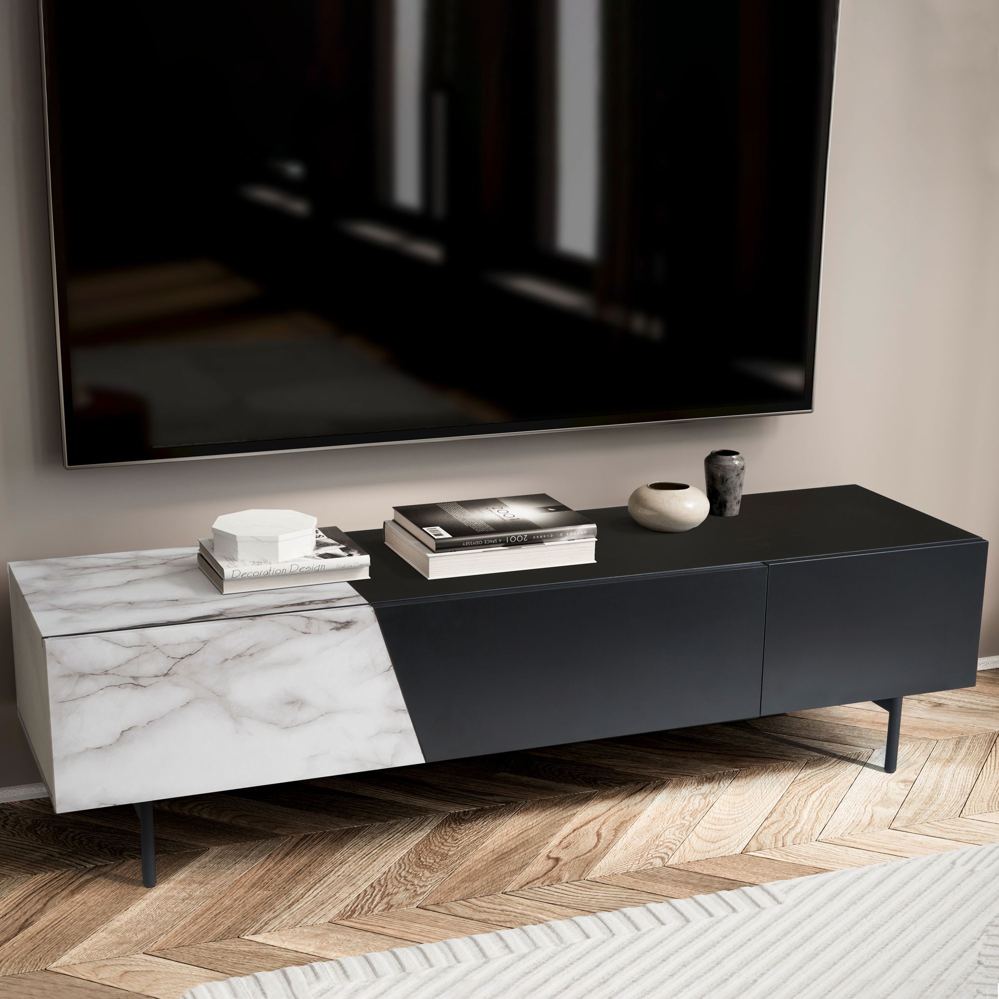 Credenza bassa nera con decoro in marmo bianco 150x40x40 cm mobile tv moderno, mobile tv di design basso, tavolo tv mobile tv con ante e cassetto, mobile tv soggiorno