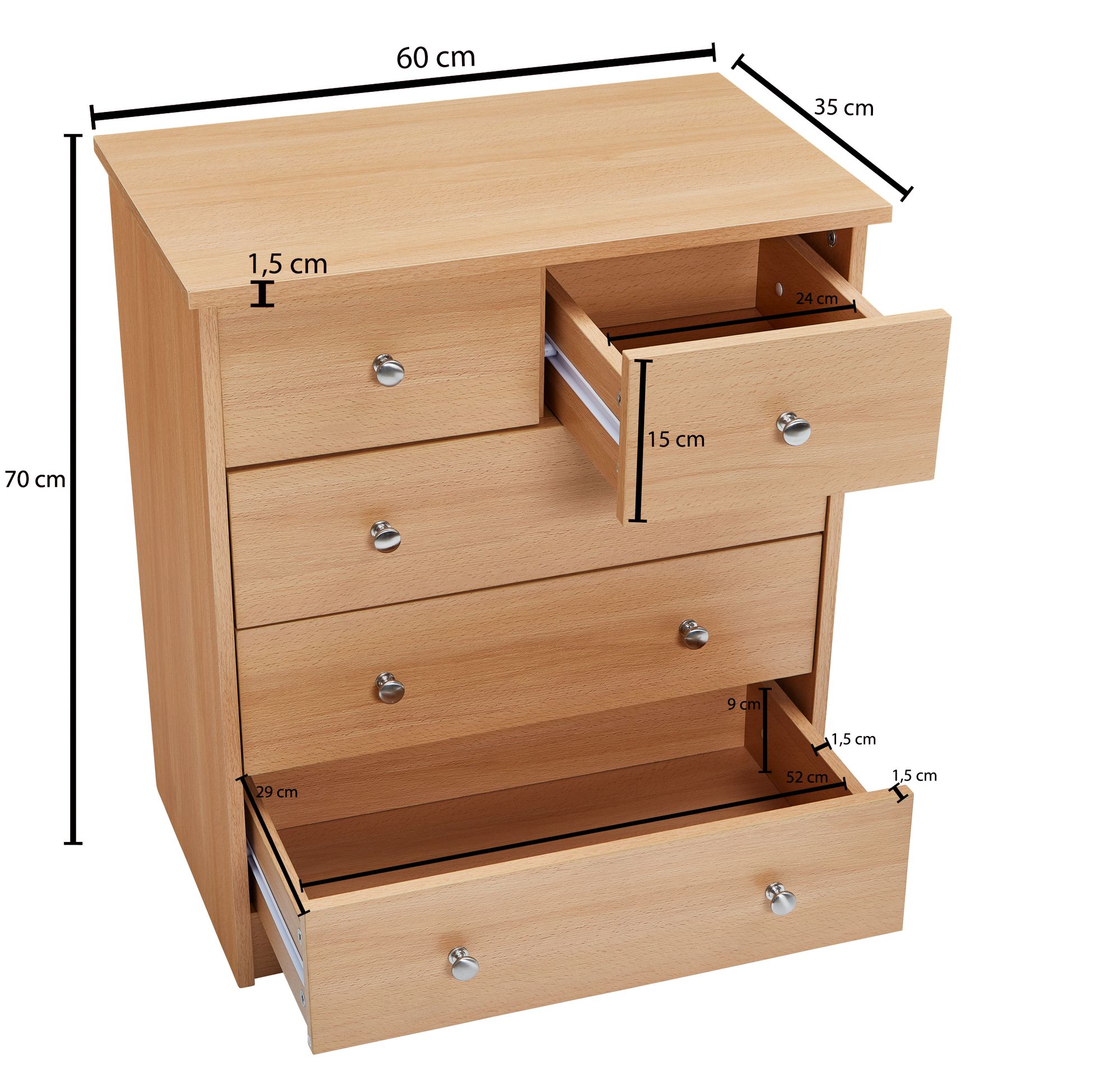 Design in legno comò chck 60 x 70 x 35 centimetri libro con 5 cassetti