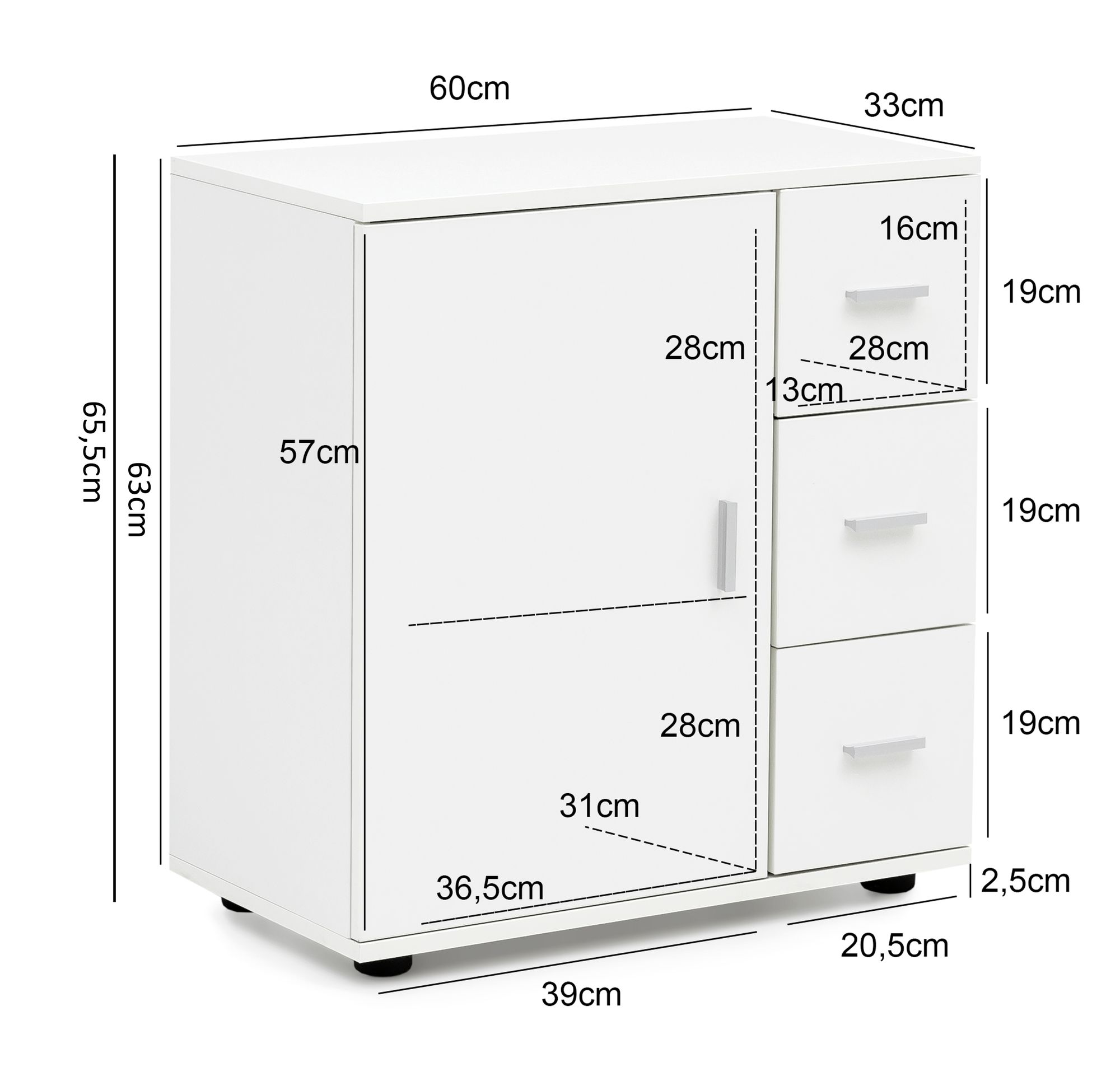 Mobile  wl5.877 bianco 60x65,5x33 cm mobile midi con anta e cassetti