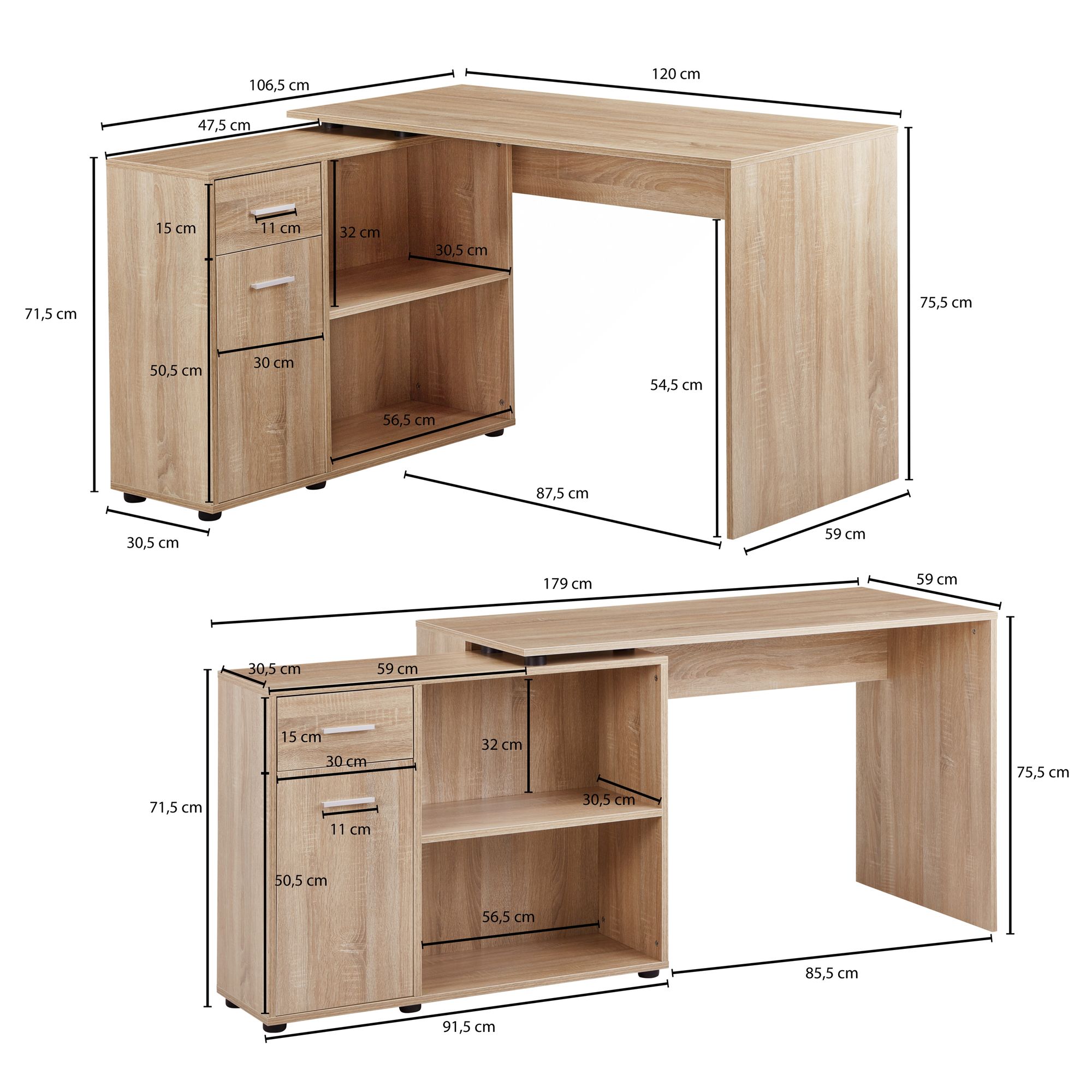 Design  angolo con ripiano sonoma 120 x 75,5 x 106,5 cm