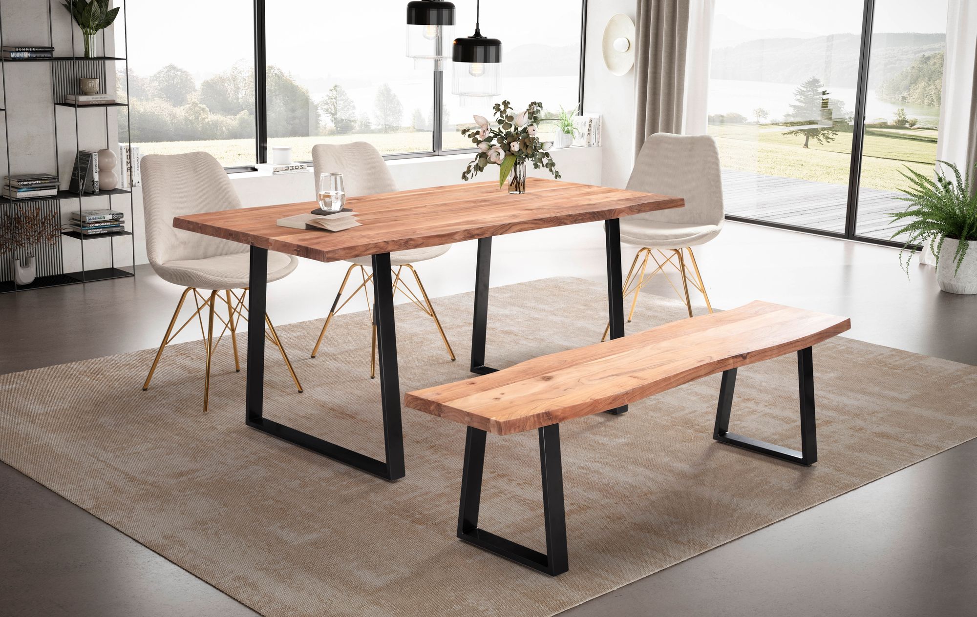 Tavolo da pranzo 120x60x76 cm tavolo da pranzo in legno massello di acacia / metallo bordo albero, tavolo da cucina massiccio con gambe trapezoidali in nero, tavolo da pranzo in legno tavolo da pranzo rettangolare