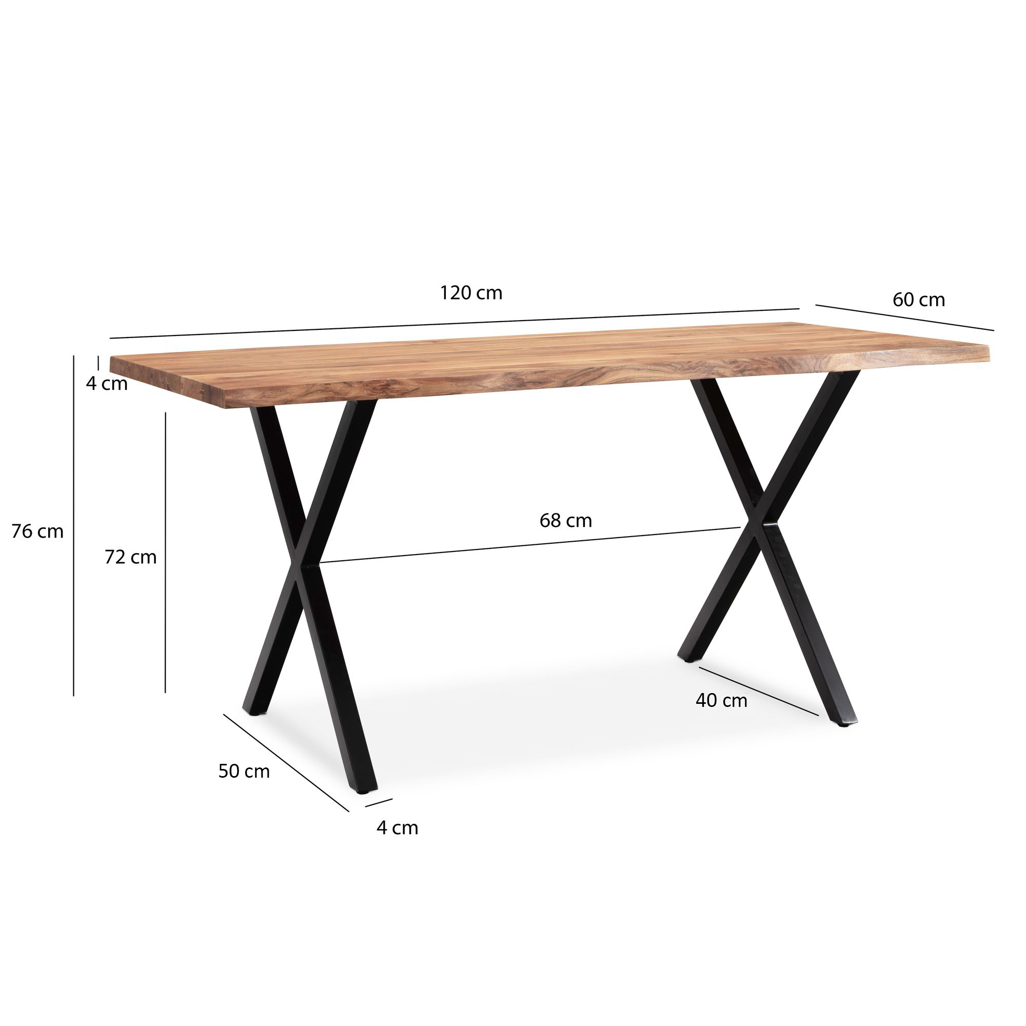 Tavolo da pranzo 120x60x76 cm tavolo da pranzo in legno massello di acacia / metallo bordo albero, tavolo da cucina massiccio con gambe a x in nero, tavolo da pranzo in legno tavolo da pranzo rettangolare