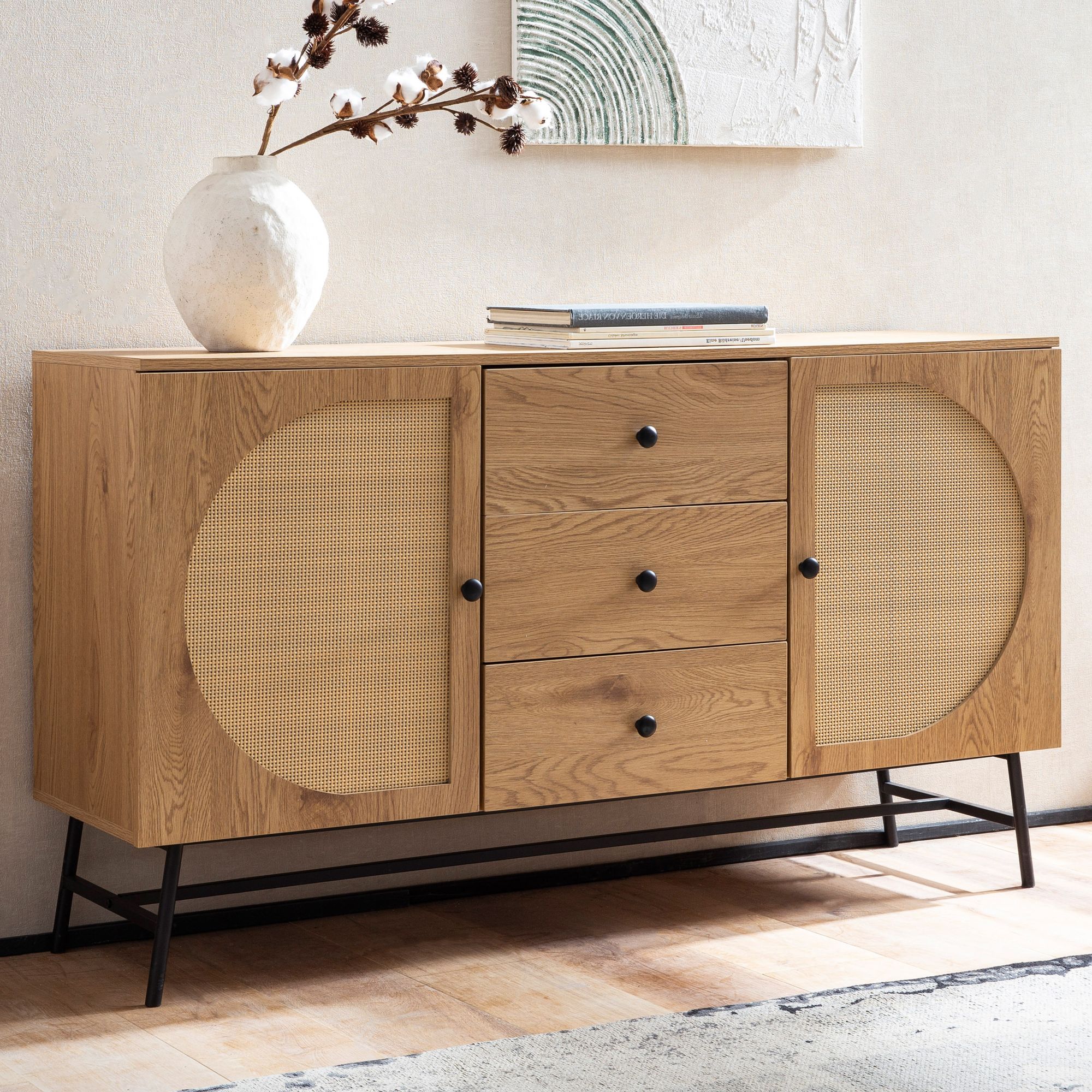 Credenza 140x80x40 cm cassettiera decoro rovere con intreccio in rattan moderna, cassettiera alta, armadio alto con 2 ante e 3 cassetti, credenza soggiorno