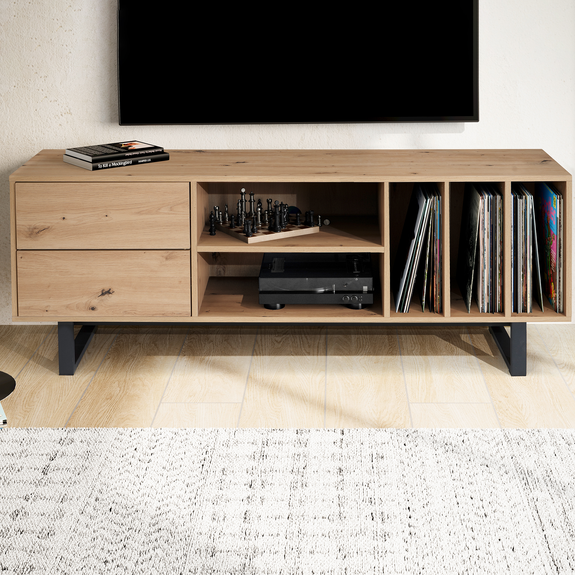 Tv basso con decoro in rovere 150x55x40 cm mobile tv moderno, mobile tv di design alto, tavolo tv mobile tv con cassetti e ripiano, mobile tv soggiorno