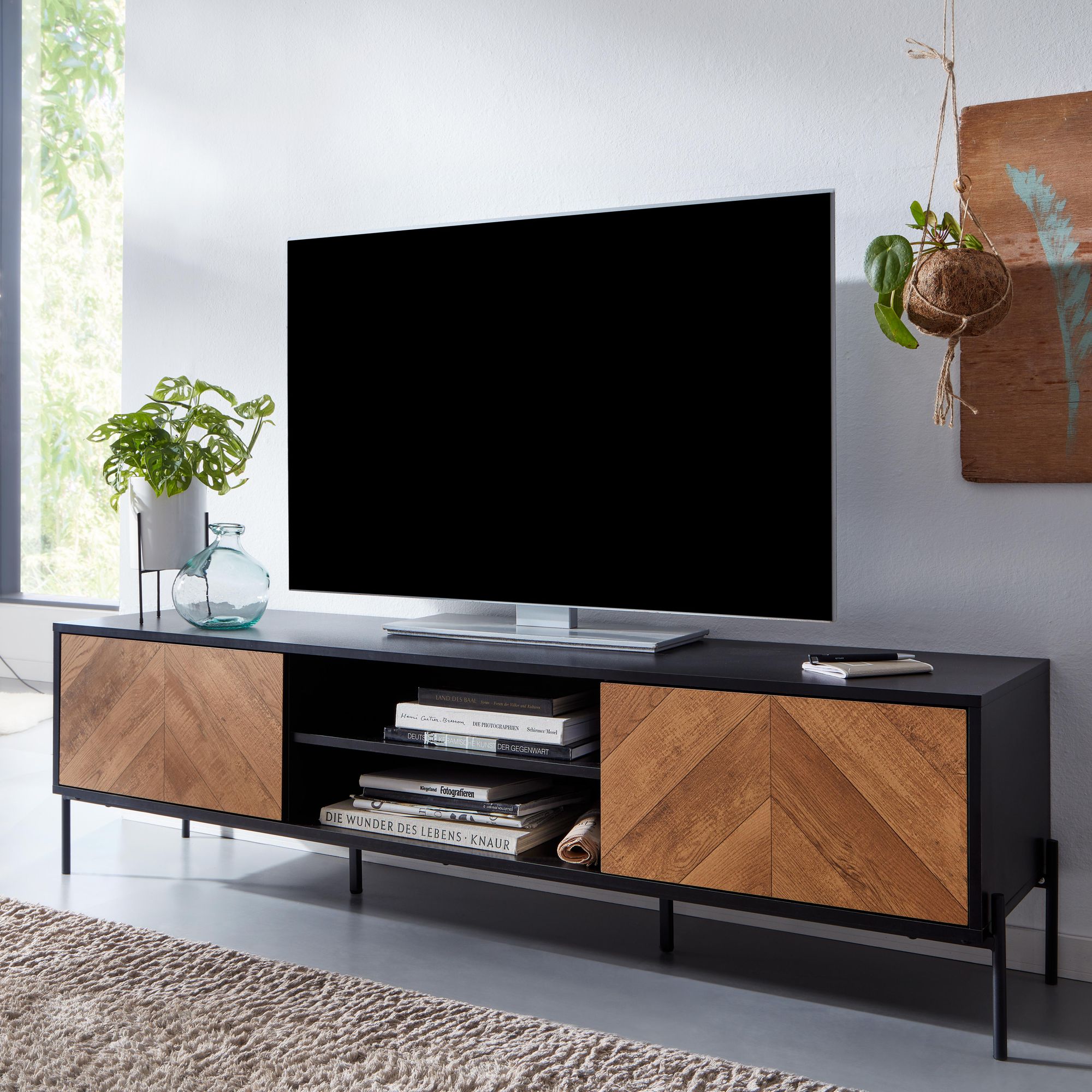 Design lowboard 163x45x40 cm nero / rovere tavolo tv con due ante