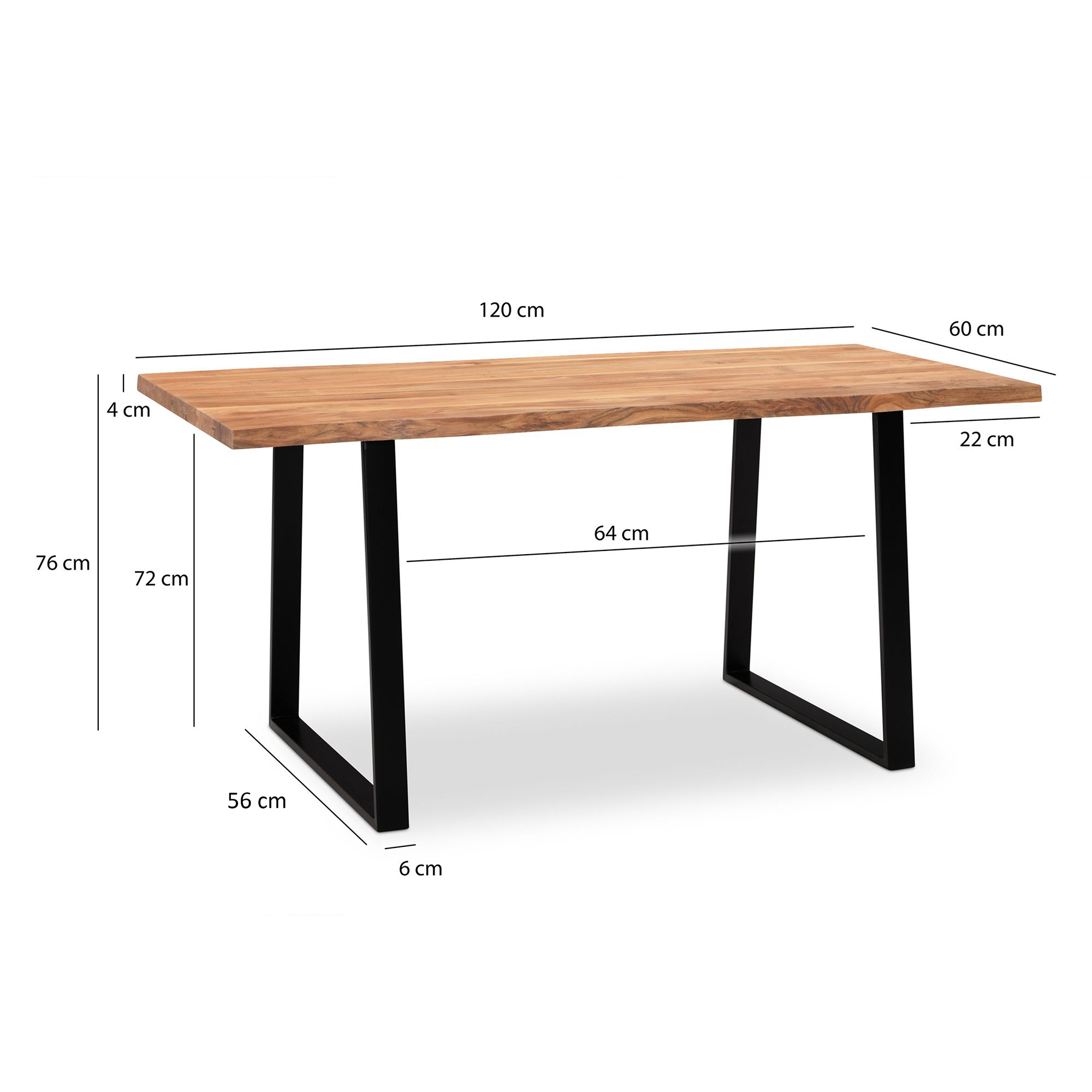 Tavolo da pranzo 120x60x76 cm tavolo da pranzo in legno massello di acacia / metallo bordo albero, tavolo da cucina massiccio con gambe trapezoidali in nero, tavolo da pranzo in legno tavolo da pranzo rettangolare