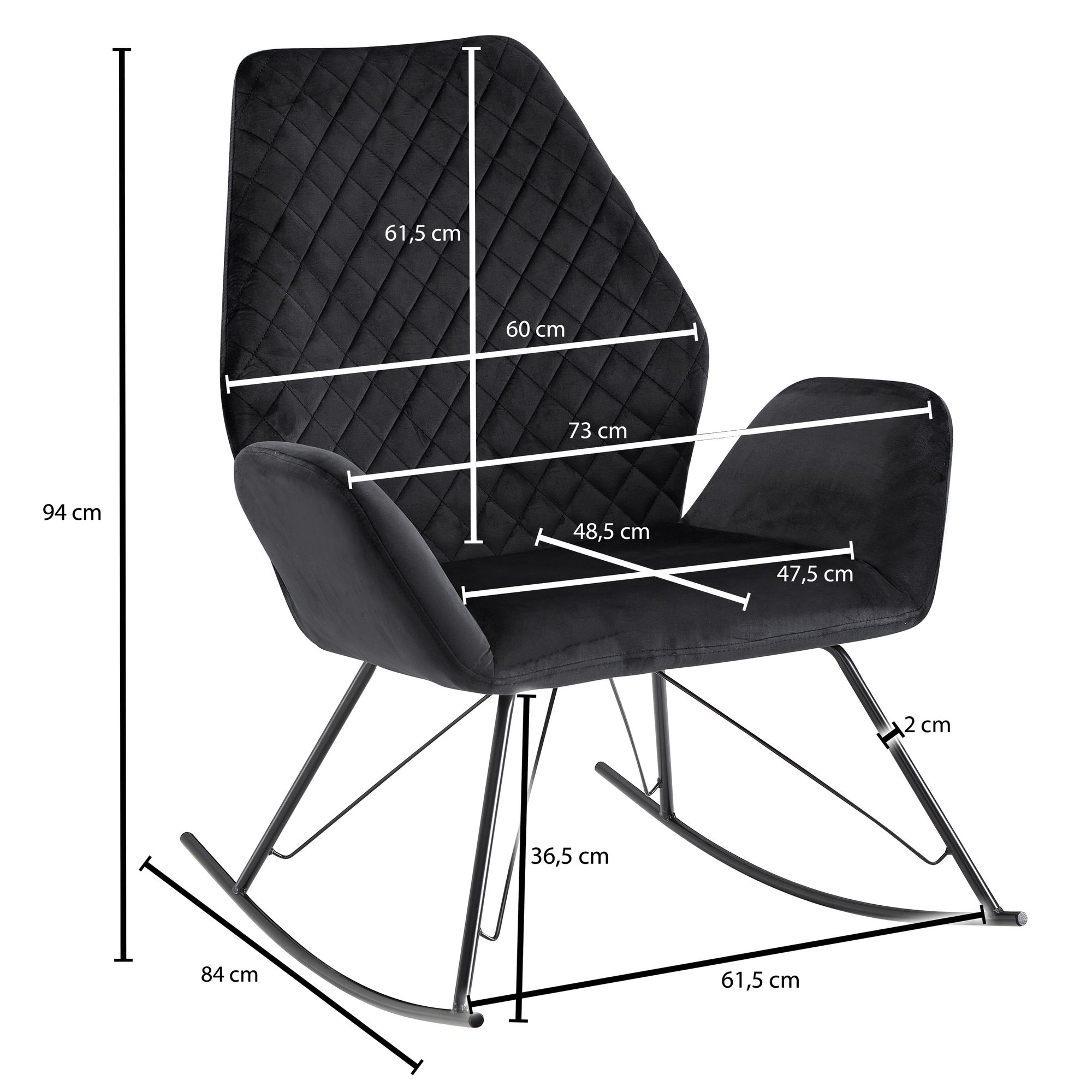 Sedia a dondolo nero velluto / metallo moderna sedia rilassante 73x94x84 cm