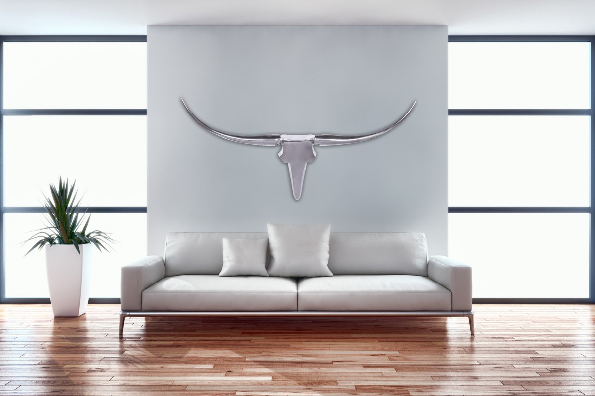 Bull antler l decorazione da parete 125 cm di larghezza alluminio alluminio argento alluminio decorazione da parete corna da parete design