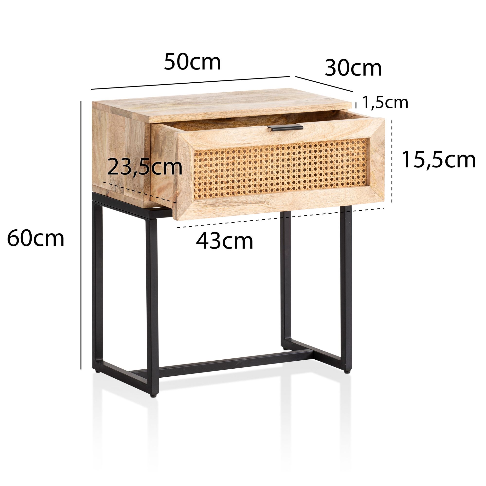 Comodino da letto legno massello mango / rattan 50x60x30 cm stile moderno