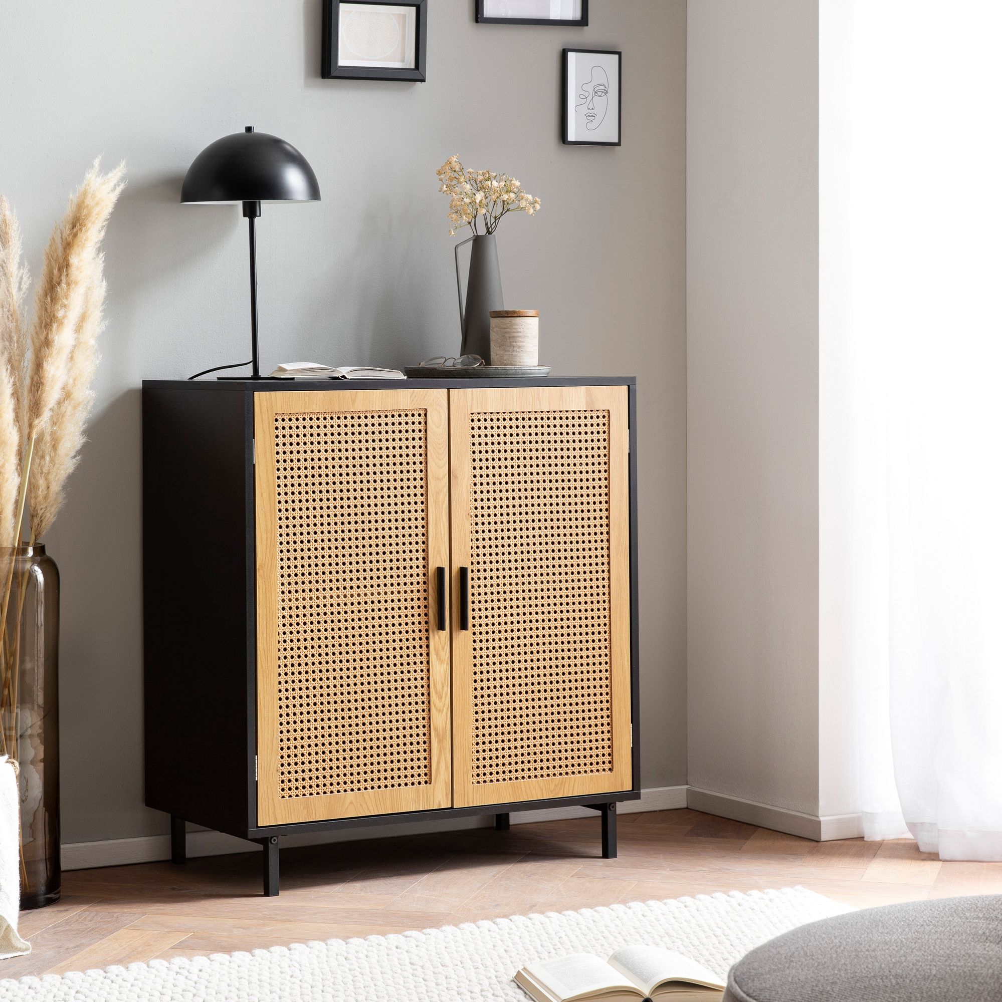 Cassettiera ingresso moderna con vimini viennese 80x86,5x40 cm credenza