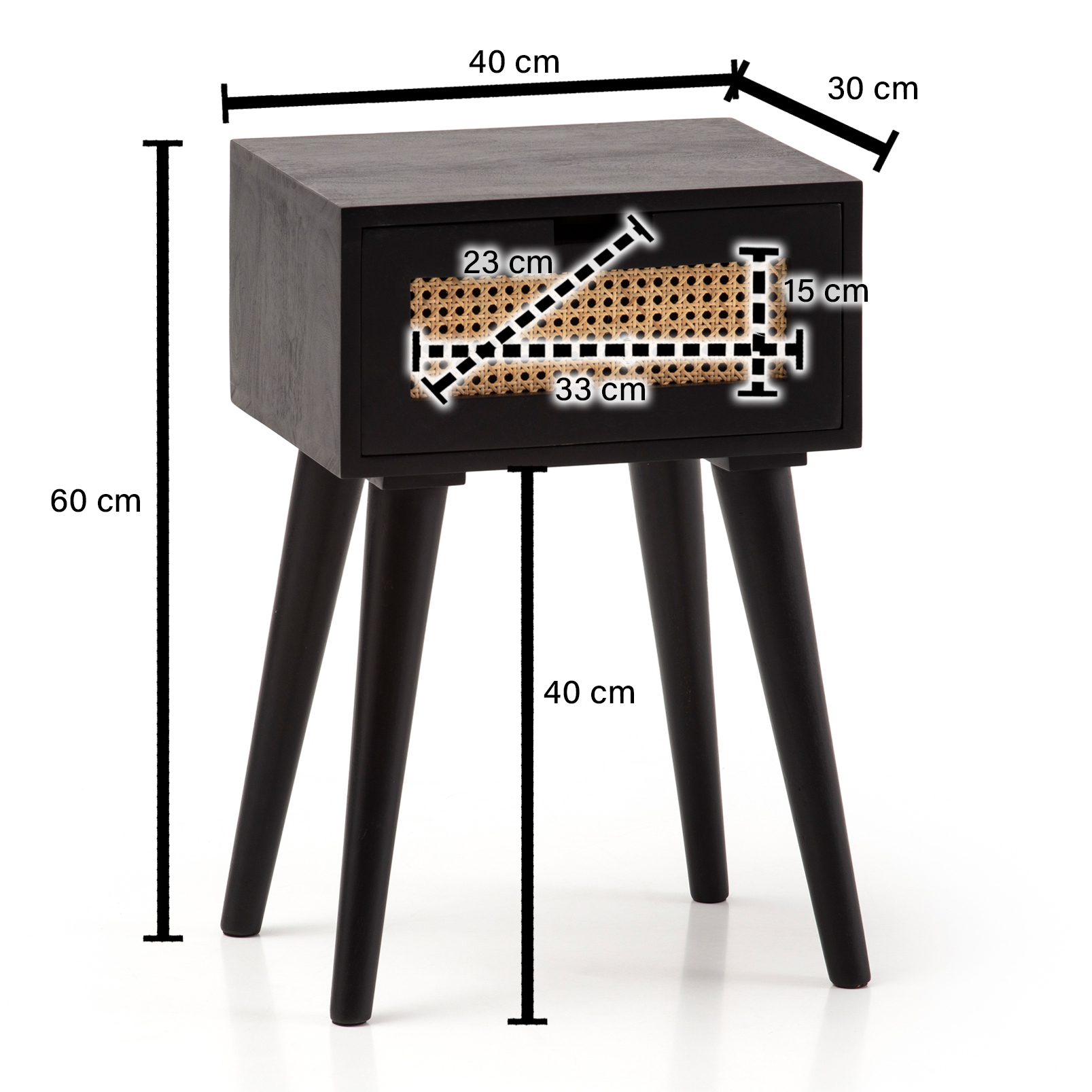 Comodino da letto legno massello mango / rattan 40x60x30 cm stile moderno