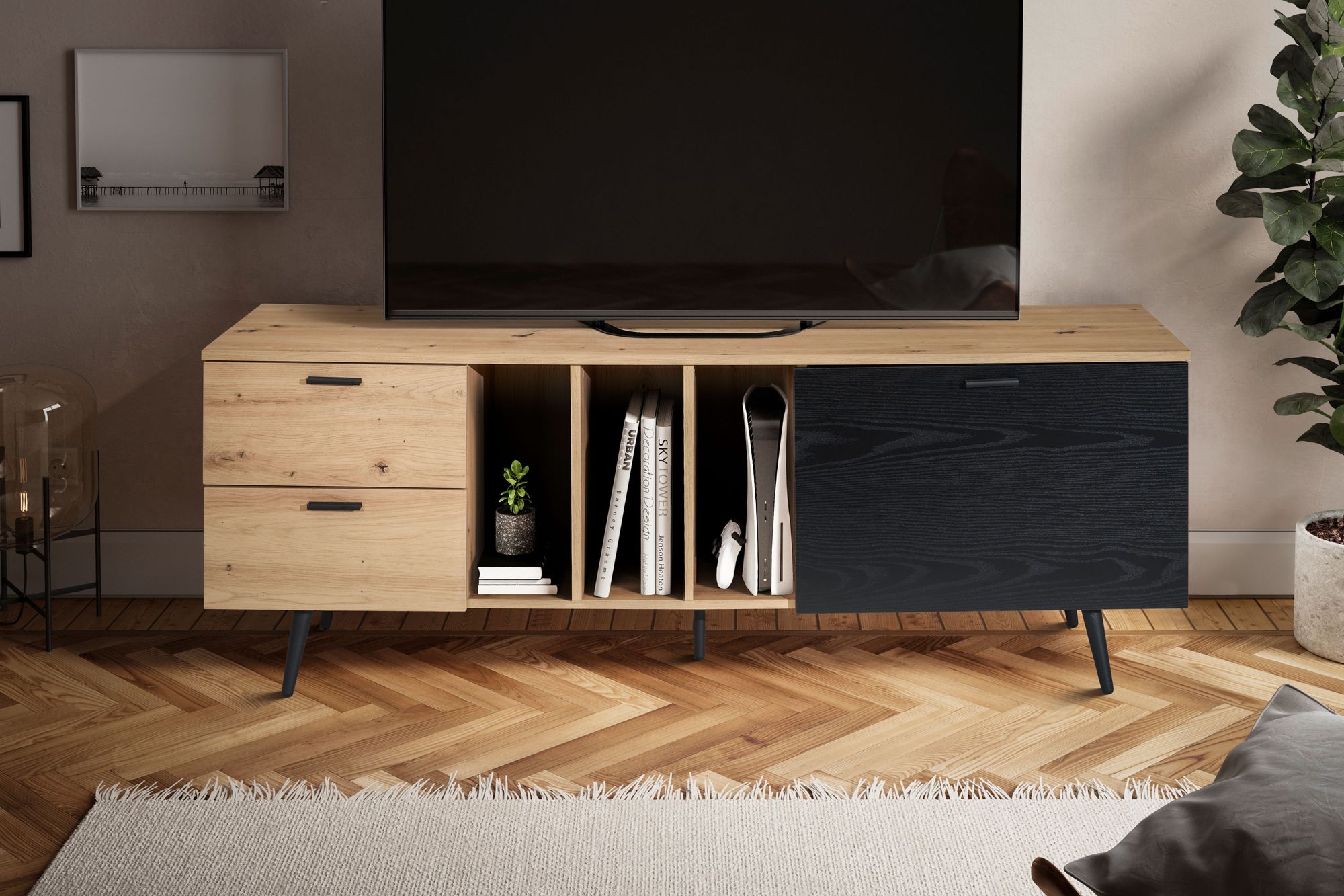 Tv basso con decoro in rovere nero 150x55x40 cm design moderno, mobile tv alto, tavolo tv mobile tv con anta e cassetti, mobile tv soggiorno moderno