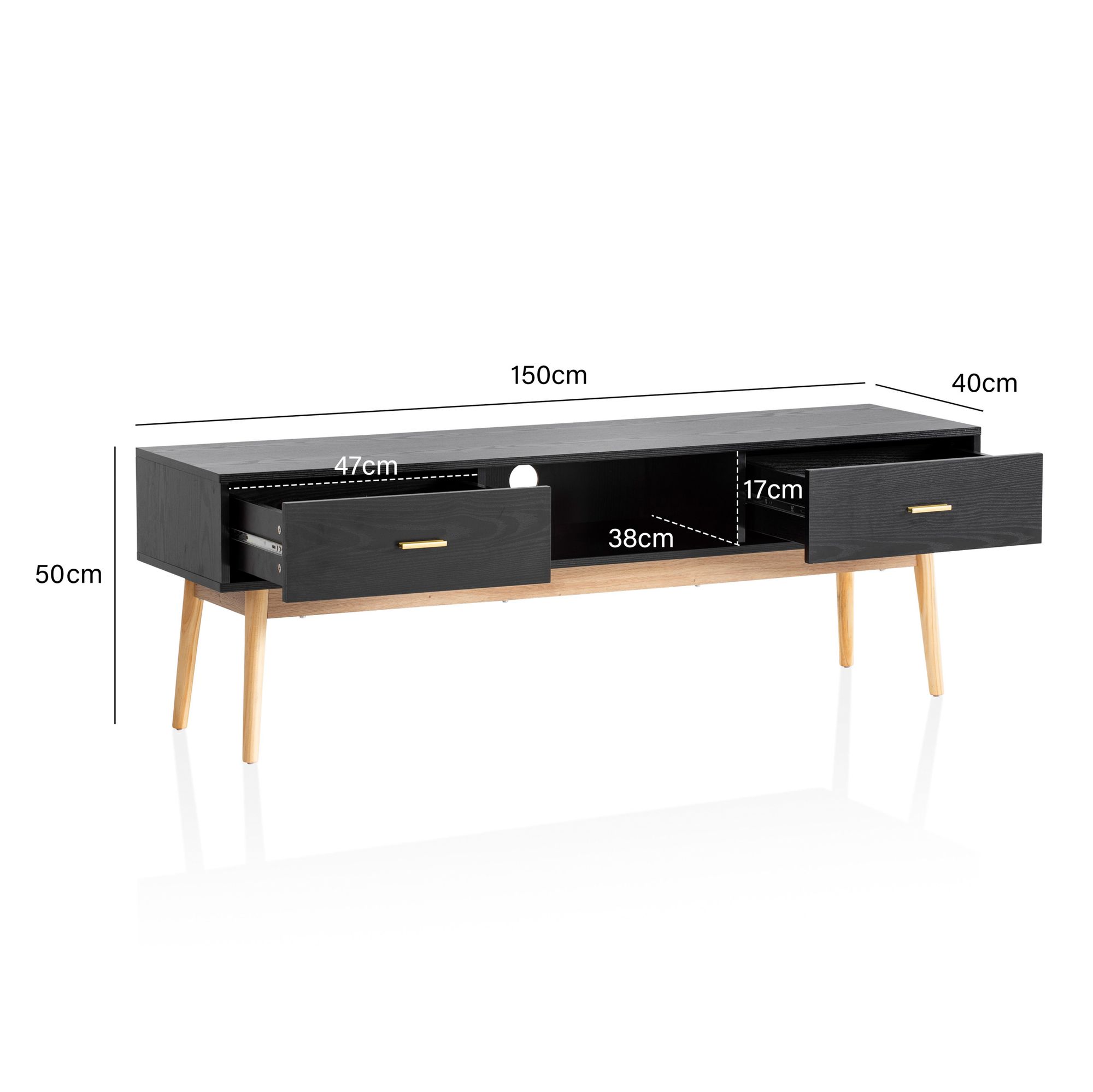 Credenza nera con decoro in rovere 150x50x40 cm mobile tv moderno, mobile tv di design alto, tavolo tv mobile tv con cassetti e vano portaoggetti, mobile tv soggiorno