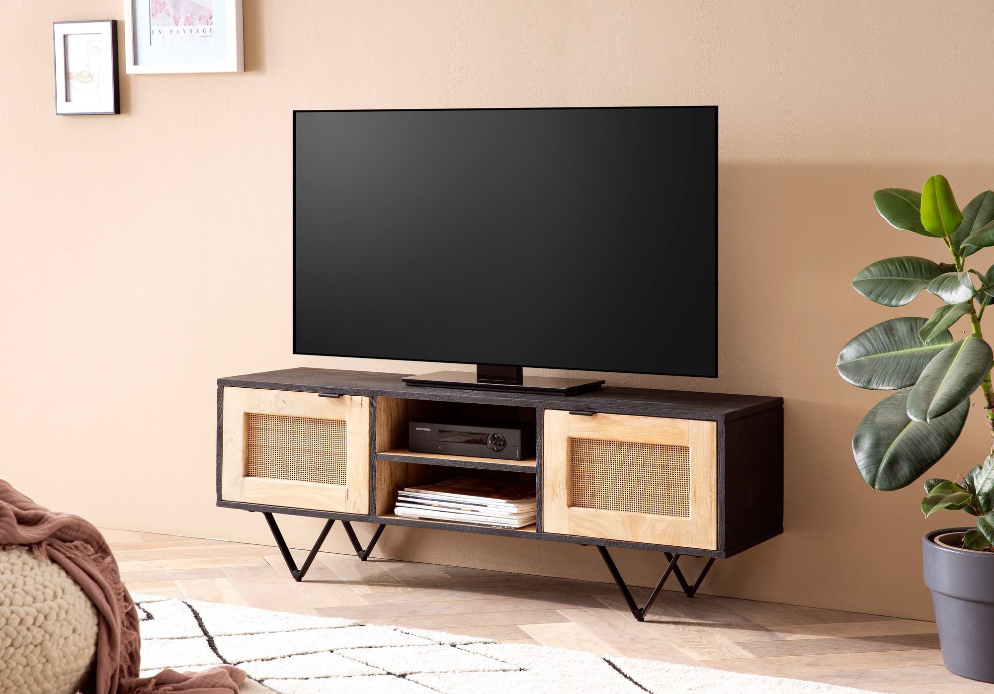 Design lowboard legno massello / rattan 120x44x35 cm tavolo tv rovere moderno