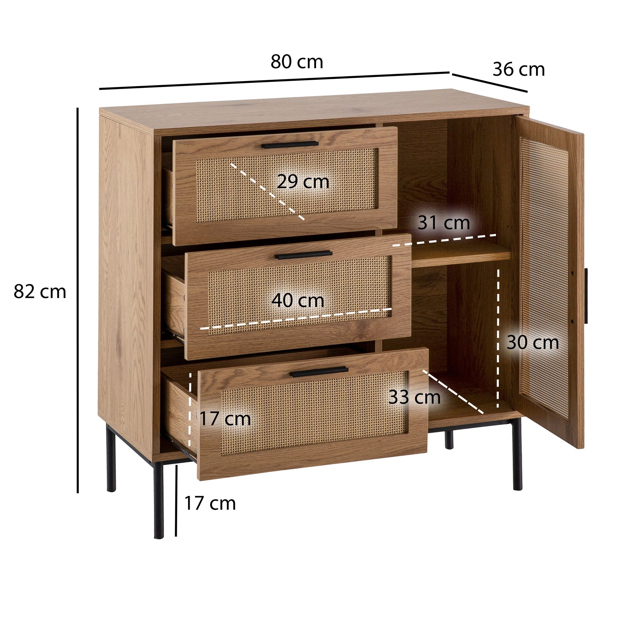 Cassettiera 80x82x36 cm cassettiera da ingresso decoro rovere e rattan, credenza con tre cassetti e anta, cassettiera moderna, credenza credenza cassettiera