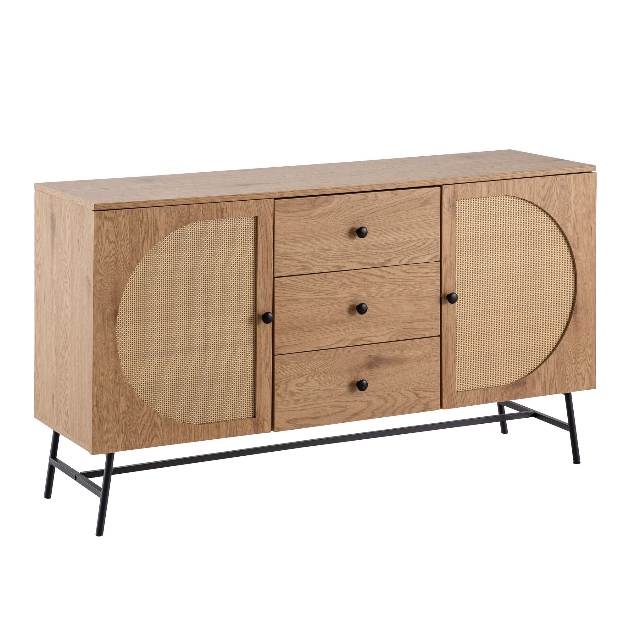 Credenza 140x80x40 cm cassettiera decoro rovere con intreccio in rattan moderna, cassettiera alta, armadio alto con 2 ante e 3 cassetti, credenza soggiorno