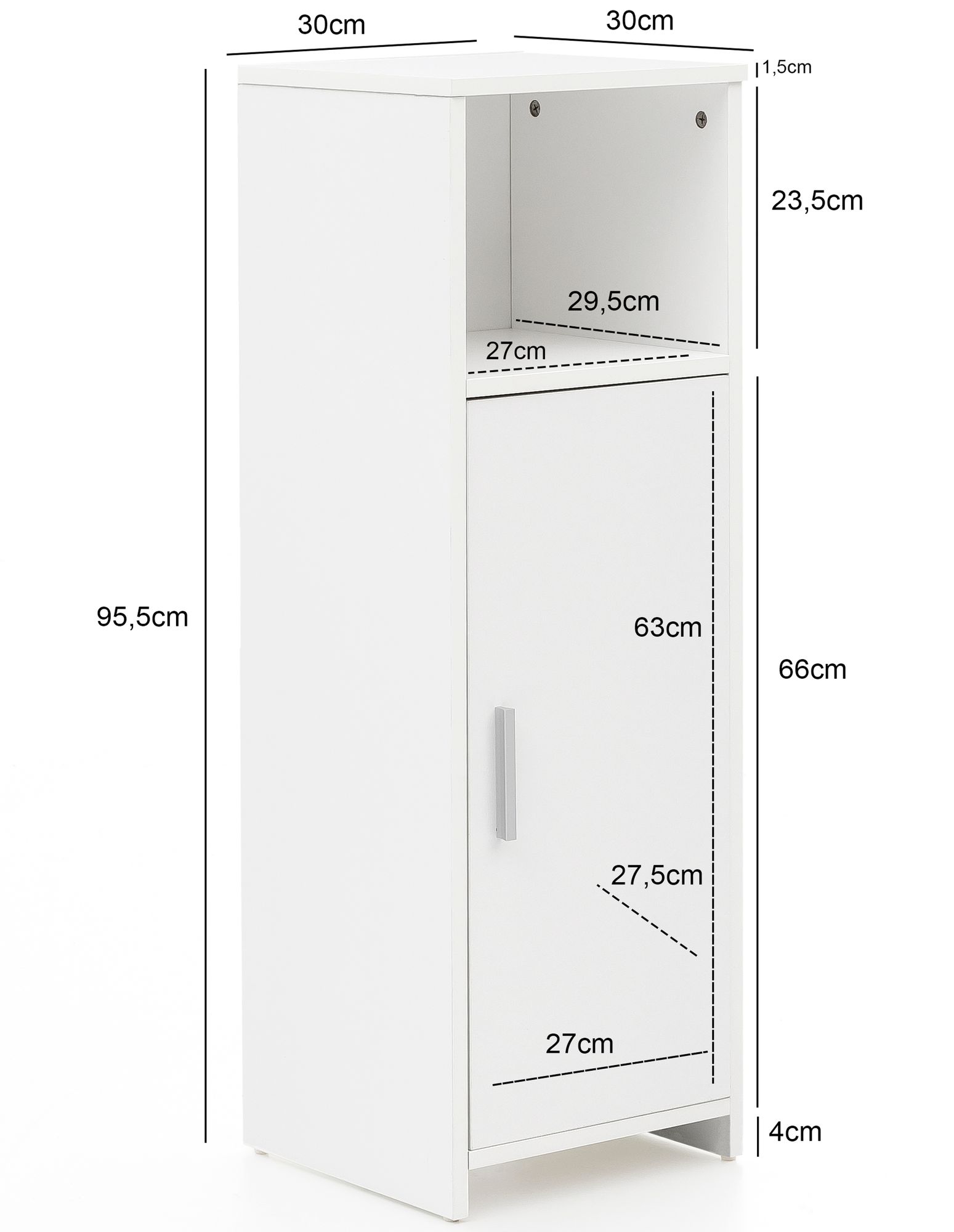 Mobiletto 30 x 95,5 x 30 cm in legno bianco con anta e vano portaoggetti mobiletto da bagno piccolo mobiletto laterale in piedi