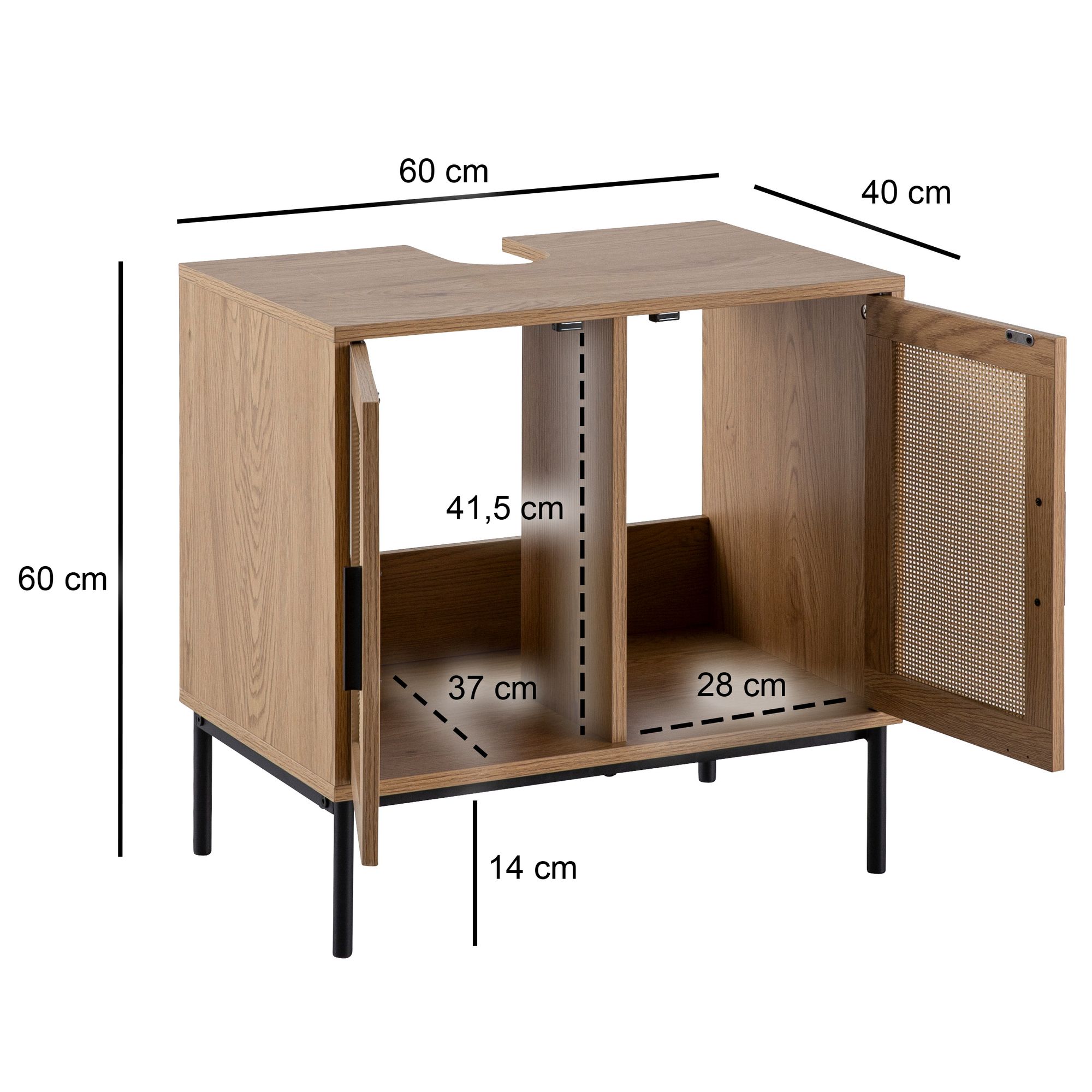 Mobile base per lavabo aspetto rovere 60x60x40 cm con ante, mobile da bagno con intreccio in rattan, mobile base in piedi, mobile da bagno mobile midi mobile piccolo lavabo