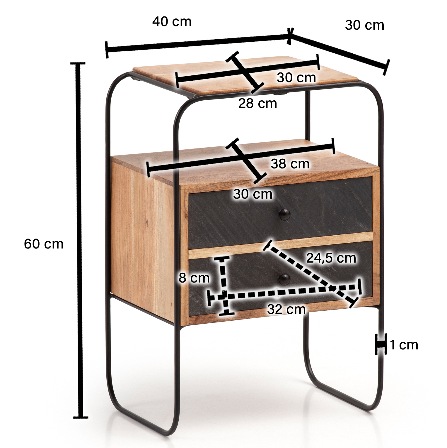 Comodino da letto legno massello mango / aspetto pietra 40x60x30 cm stile industriale