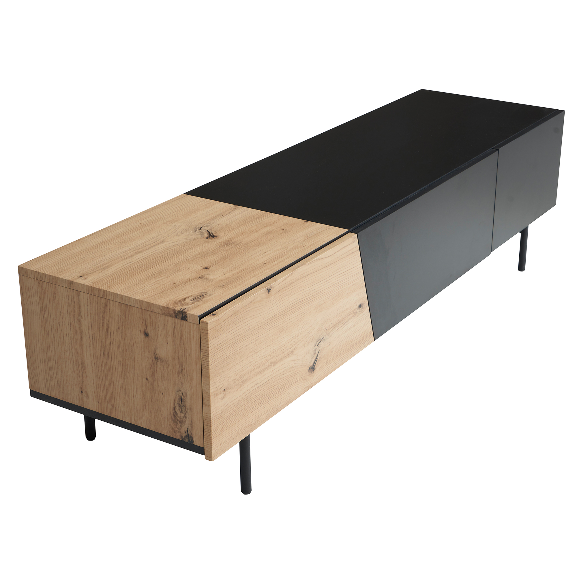 Credenza bassa nera con decoro in rovere 150x40x40 cm mobile tv moderno, mobile tv di design basso, tavolo tv mobile tv con ante e cassetto, mobile tv soggiorno