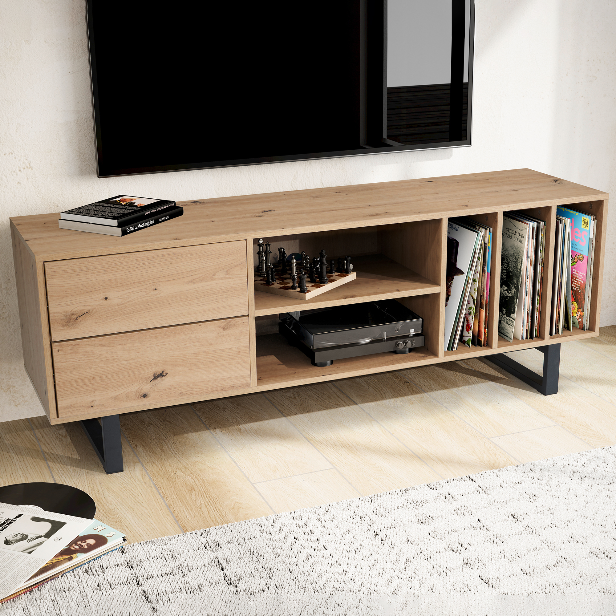 Tv basso con decoro in rovere 150x55x40 cm mobile tv moderno, mobile tv di design alto, tavolo tv mobile tv con cassetti e ripiano, mobile tv soggiorno