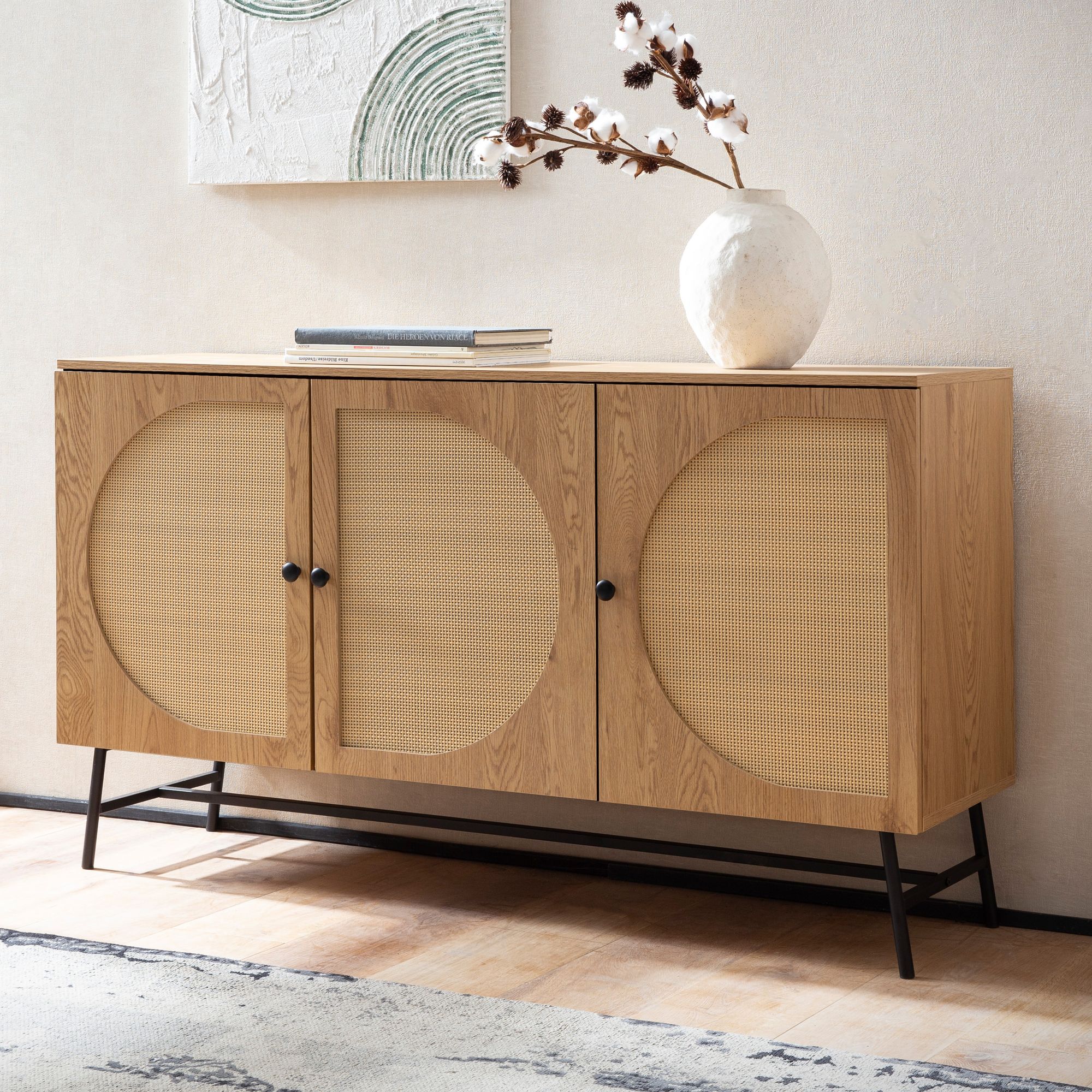 Credenza 140x80x39 cm cassettiera decoro in rovere con intreccio in rattan moderna, cassettiera alta, mobile alto con 3 ante, credenza soggiorno