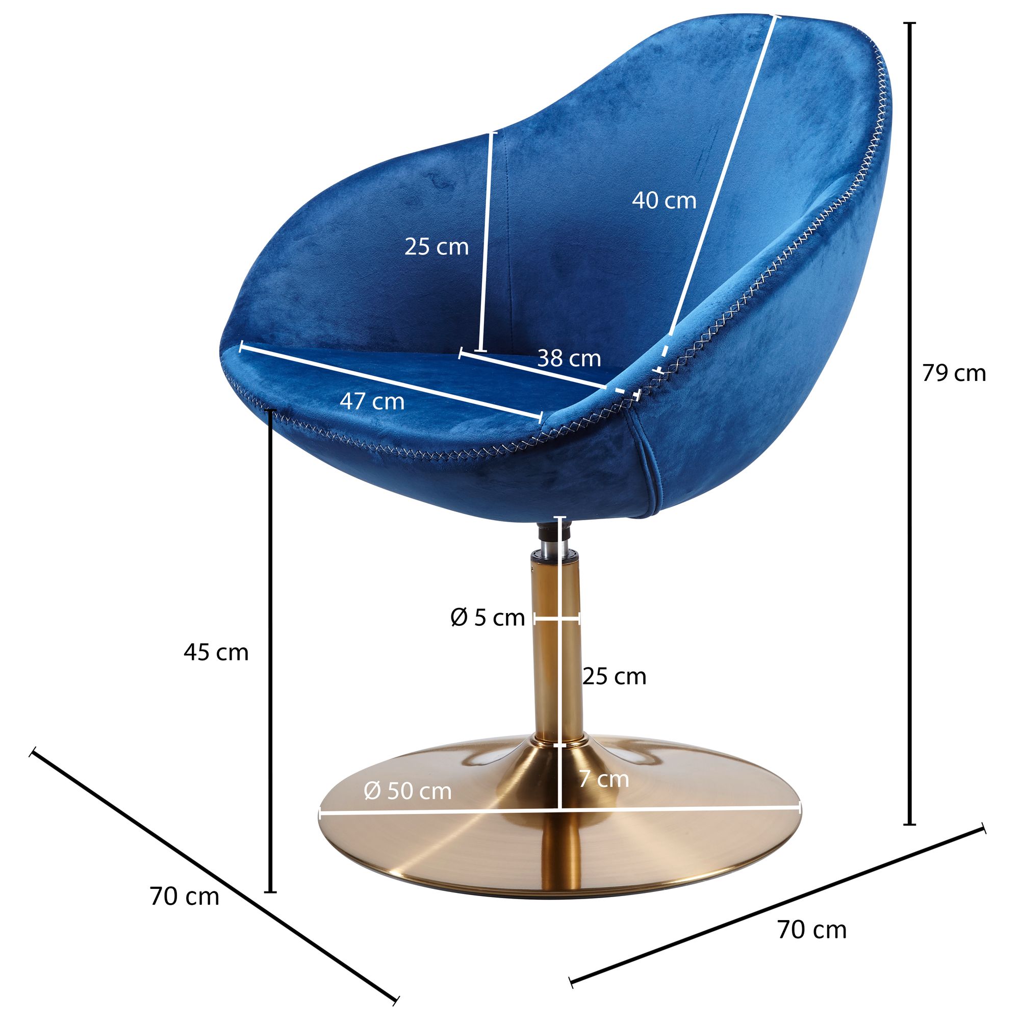 Chair sarin velluto blu / oro 70x79x70 cm sedia girevole design