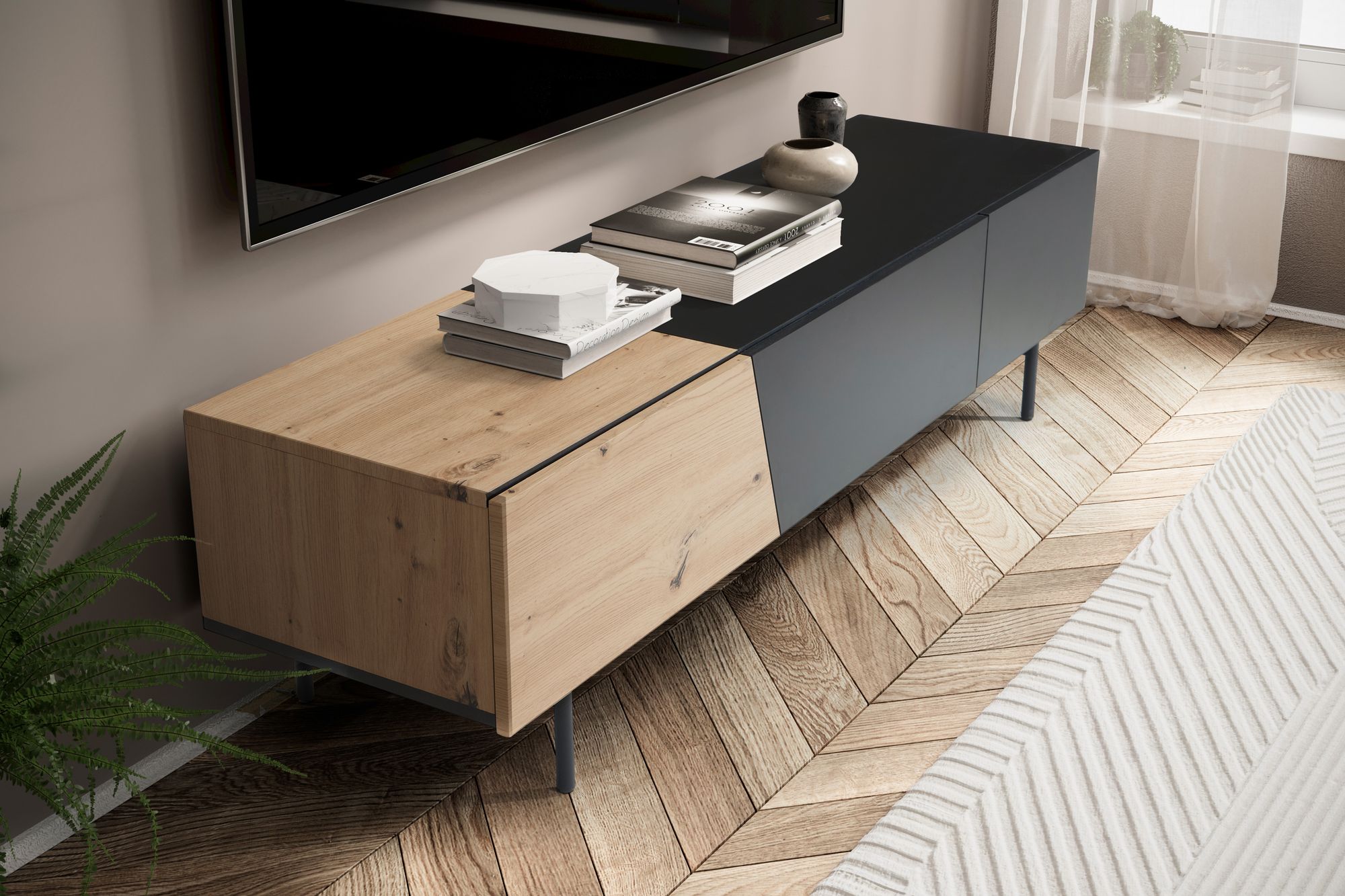 Credenza bassa nera con decoro in rovere 150x40x40 cm mobile tv moderno, mobile tv di design basso, tavolo tv mobile tv con ante e cassetto, mobile tv soggiorno