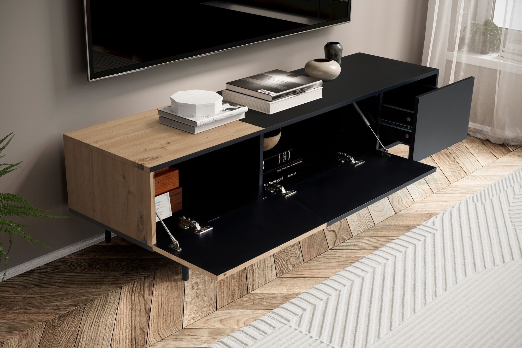 Credenza bassa nera con decoro in rovere 150x40x40 cm mobile tv moderno, mobile tv di design basso, tavolo tv mobile tv con ante e cassetto, mobile tv soggiorno