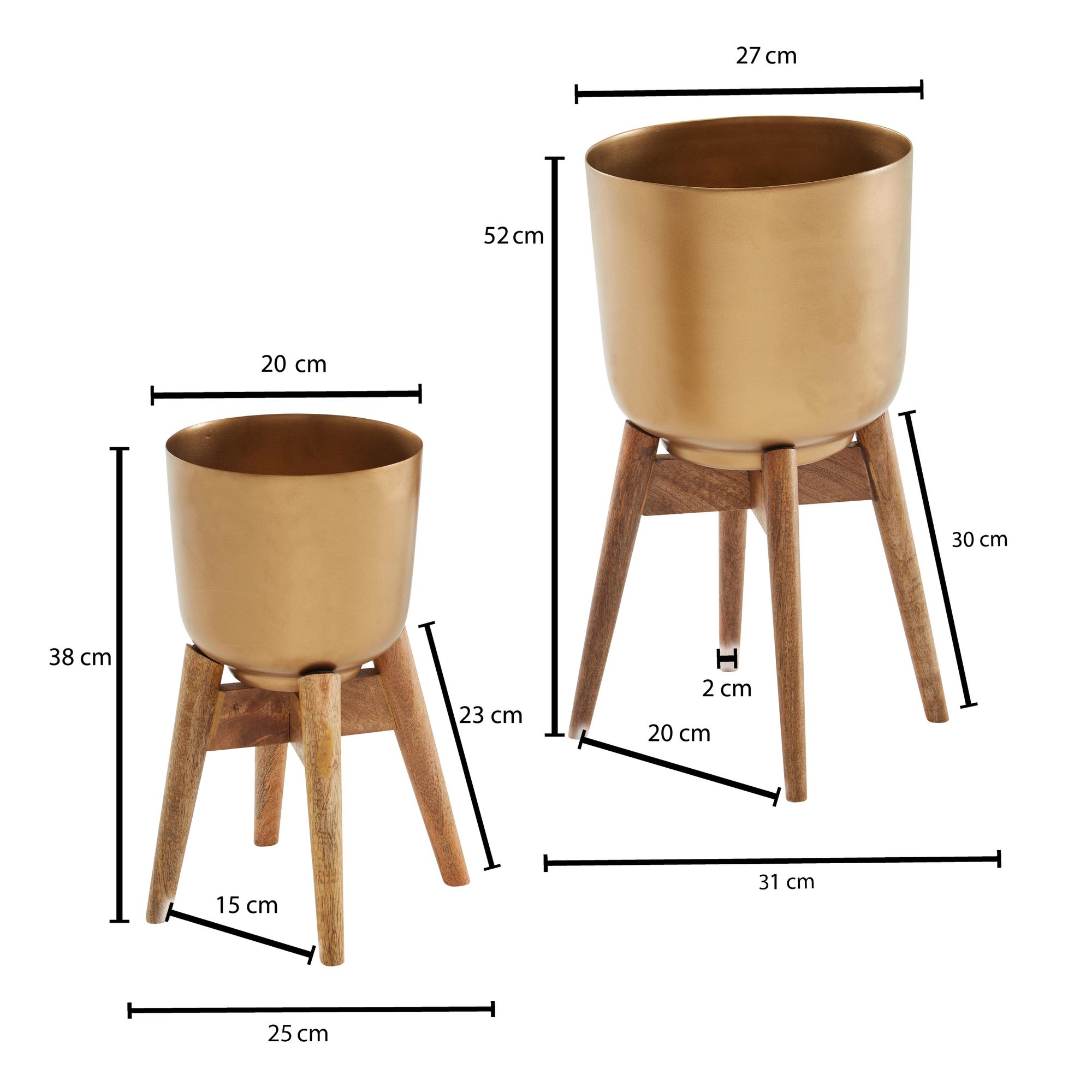 Vaso di fiori set di 2 fioriere in metallo / legno massello oro con piedi