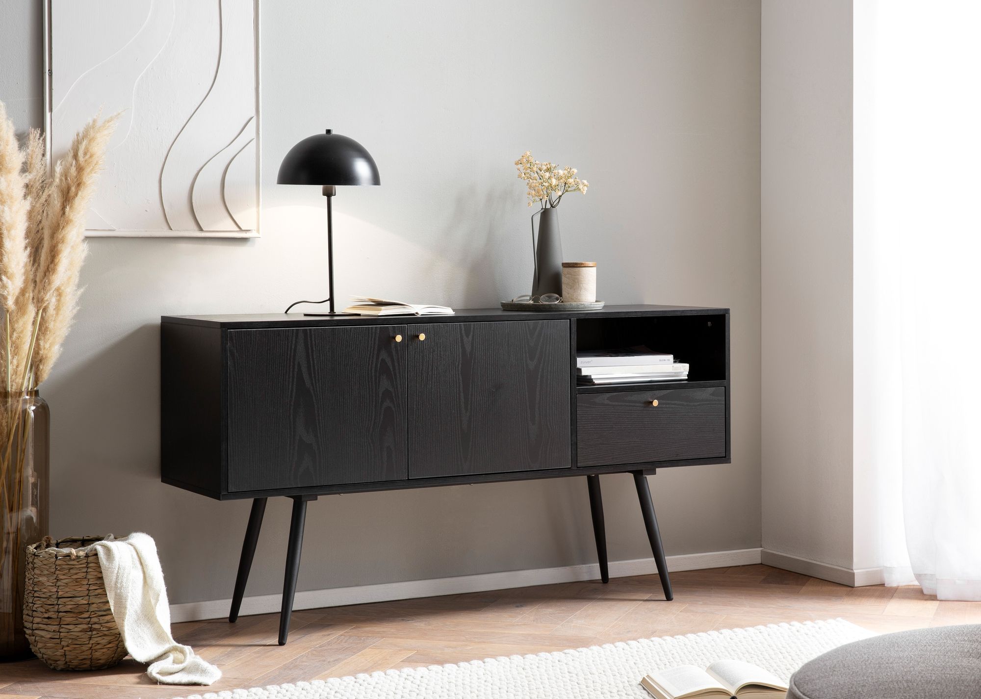 Credenza 140x75x40 cm cassettiera nera con decoro rovere senza tempo, cassettiera alta, armadio alto soggiorno con 2 ante e cassetto, credenza con vano aperto