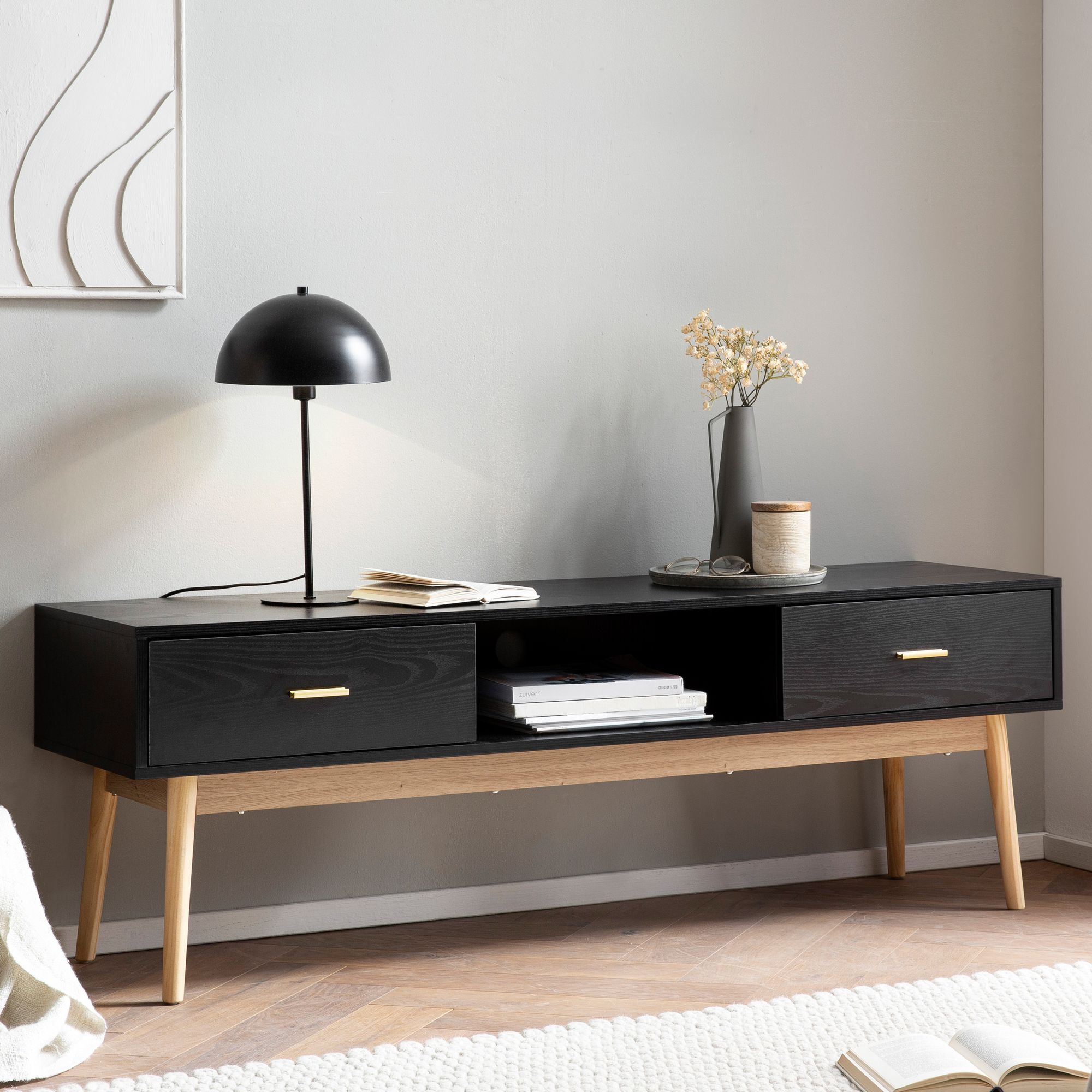 Credenza nera con decoro in rovere 150x50x40 cm mobile tv moderno, mobile tv di design alto, tavolo tv mobile tv con cassetti e vano portaoggetti, mobile tv soggiorno