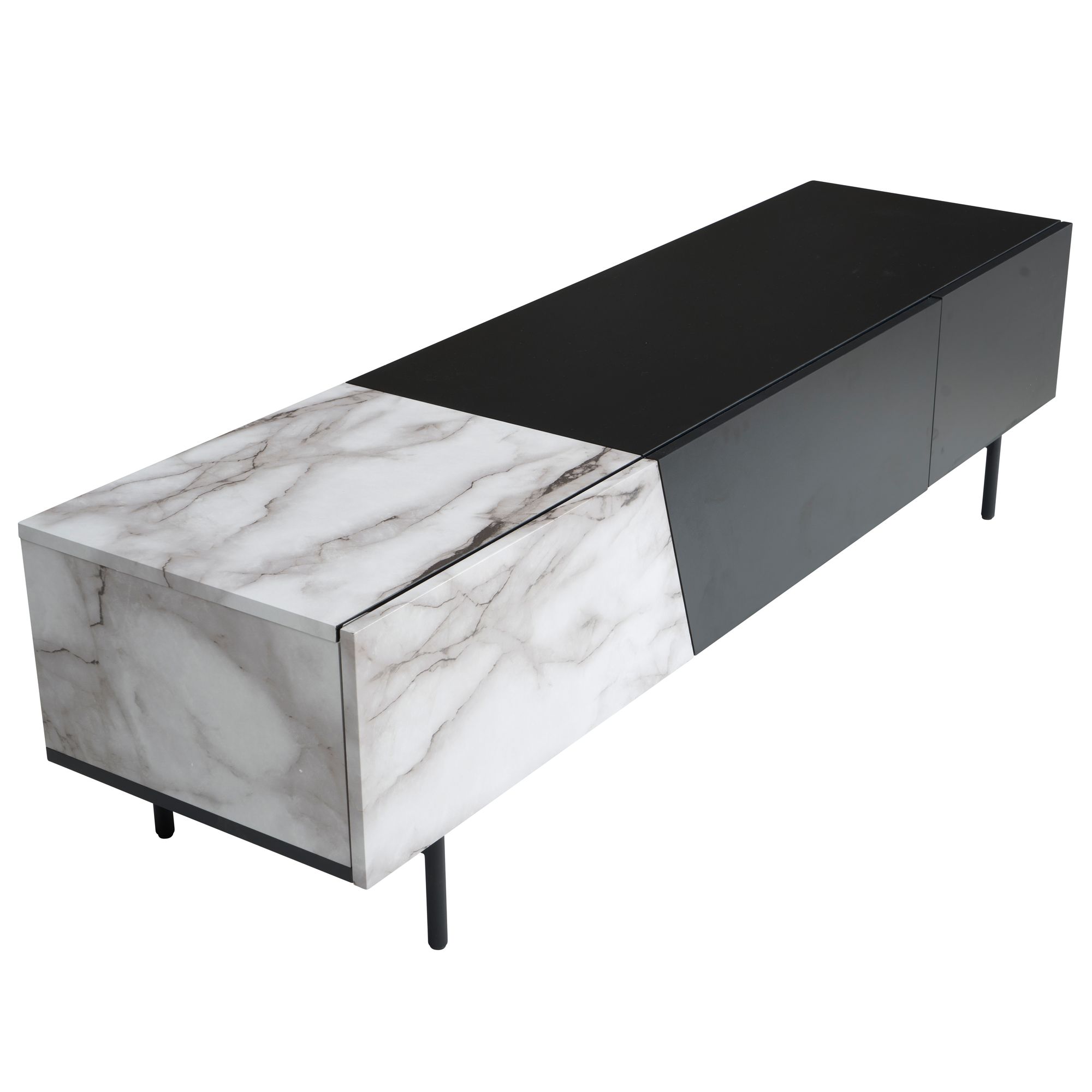 Credenza bassa nera con decoro in marmo bianco 150x40x40 cm mobile tv moderno, mobile tv di design basso, tavolo tv mobile tv con ante e cassetto, mobile tv soggiorno