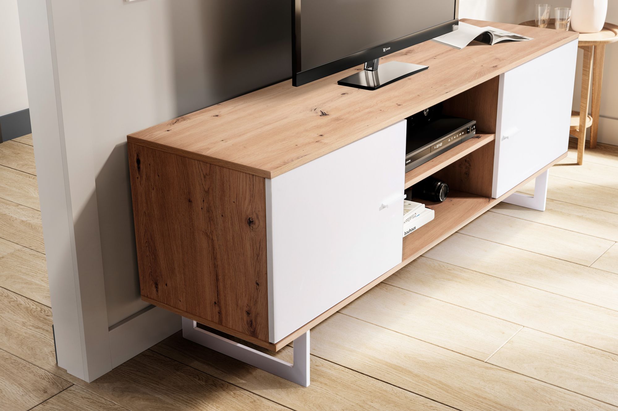 Credenza bassa in rovere bianco 150x55x40 cm mobile tv moderno, mobile tv di design alto, tavolo tv mobile tv con due ante, mobile tv soggiorno