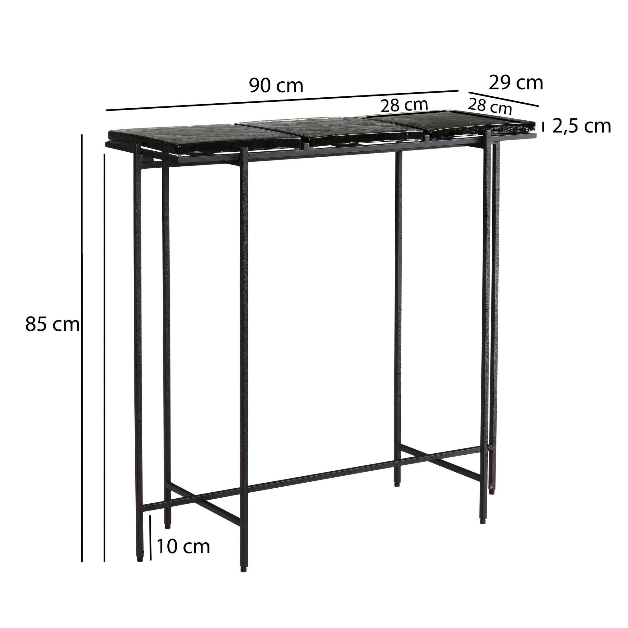 Consolle nera 90x29x85 cm credenza di design in vetro per corridoio, tavolo portaoggetti con struttura in metallo stretto moderno, tavolo da corridoio con piani rimovibili, tavolo da ingresso lungo alto