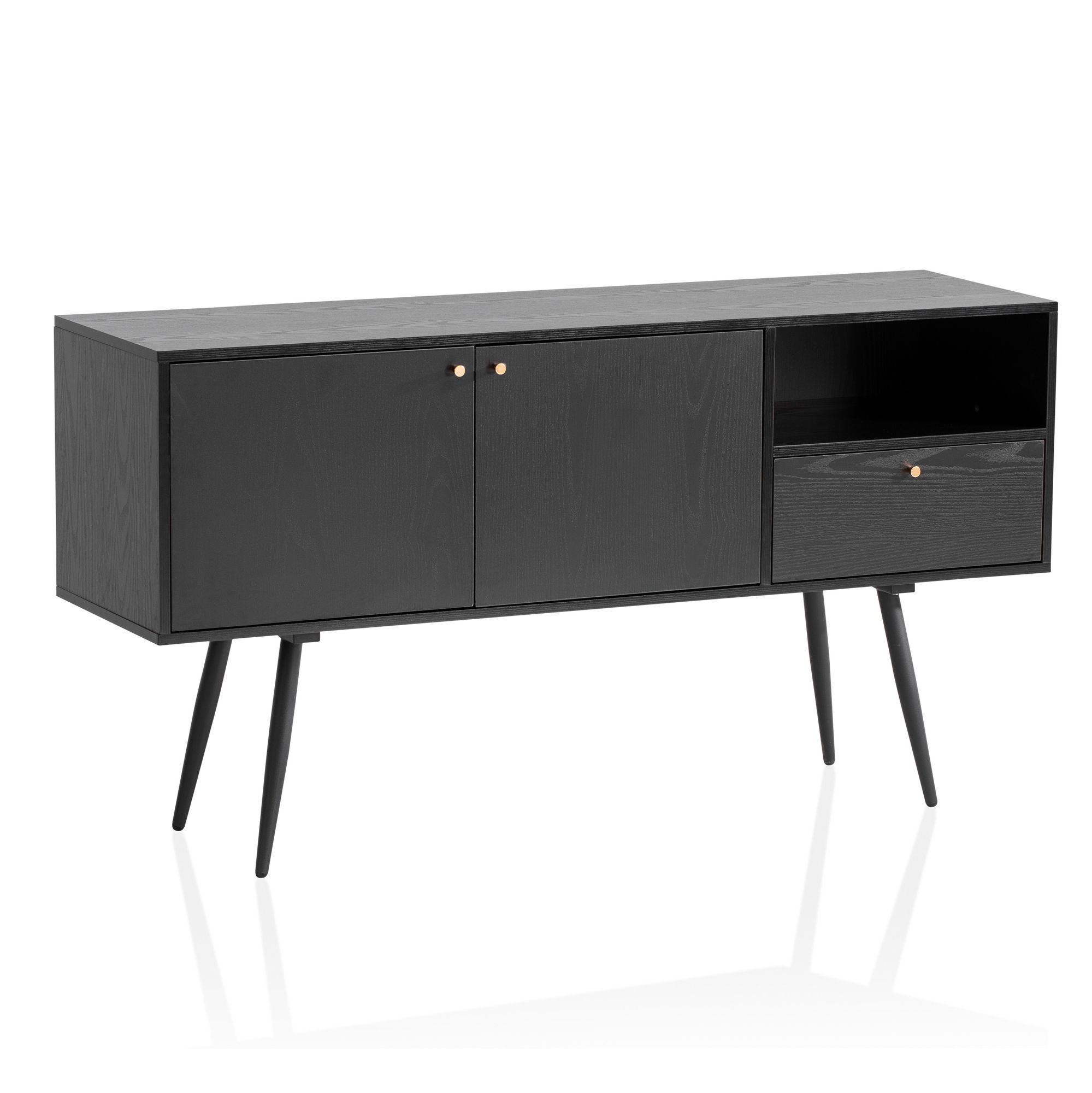 Credenza 140x75x40 cm cassettiera nera con decoro rovere senza tempo, cassettiera alta, armadio alto soggiorno con 2 ante e cassetto, credenza con vano aperto