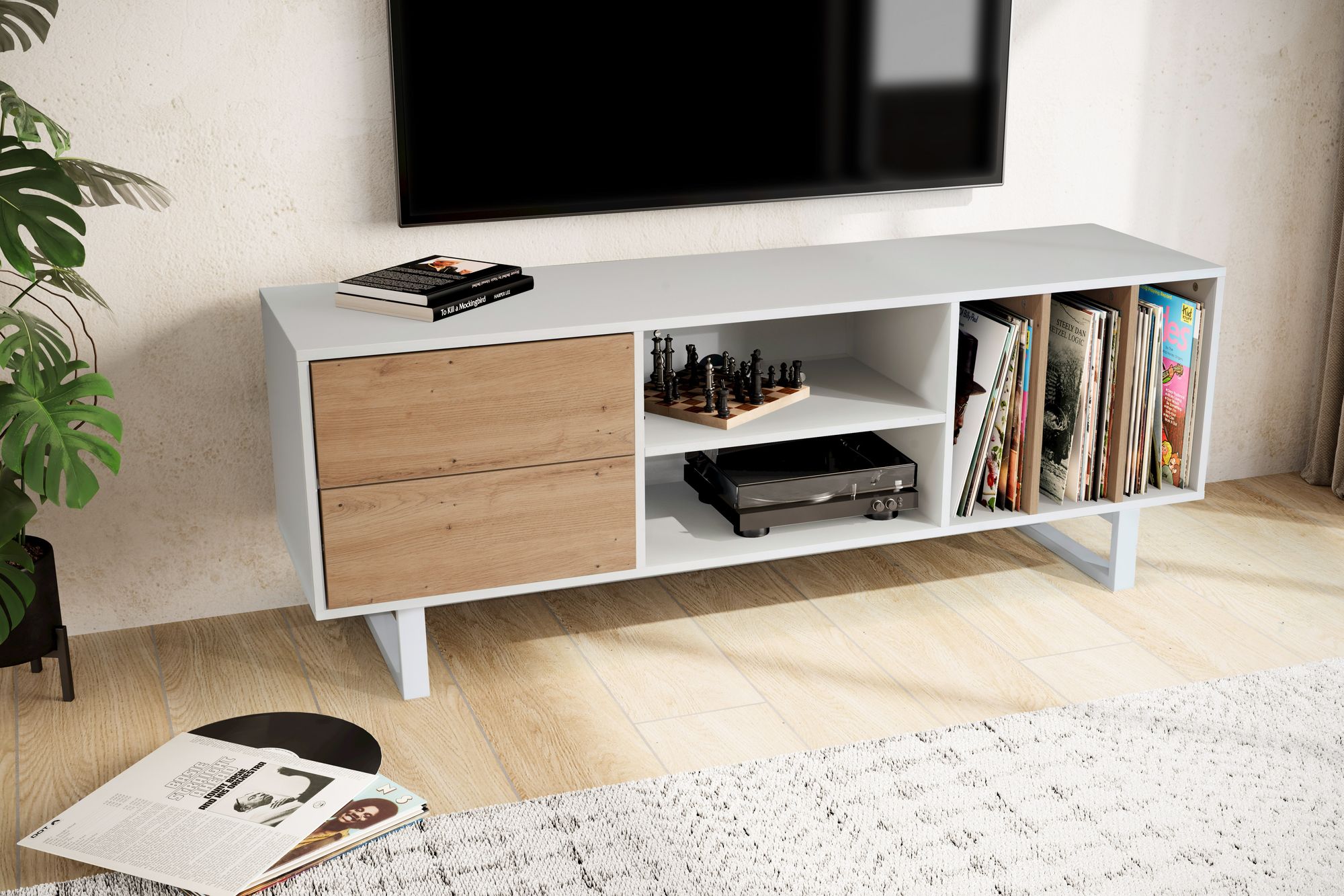 Credenza bianca con decoro in rovere 150x55x40 cm mobile tv moderno, mobile tv di design alto, tavolo tv mobile tv con cassetti e ripiano, mobile tv soggiorno