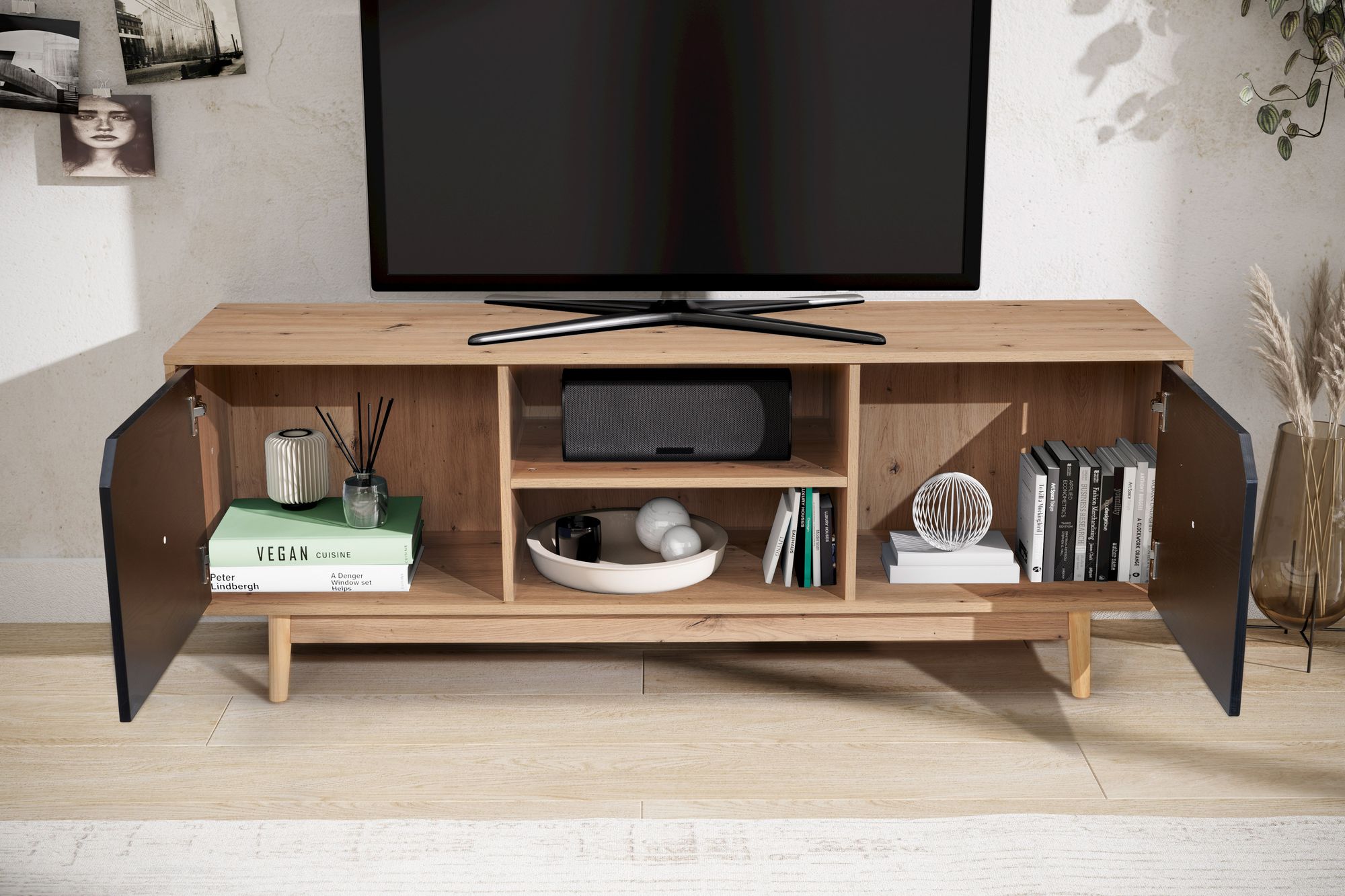 Mobile tv basso con decoro in rovere nero 150x55x40 cm mobile tv moderno, mobile tv di design alto, tavolo tv mobile tv con due ante, mobile tv soggiorno