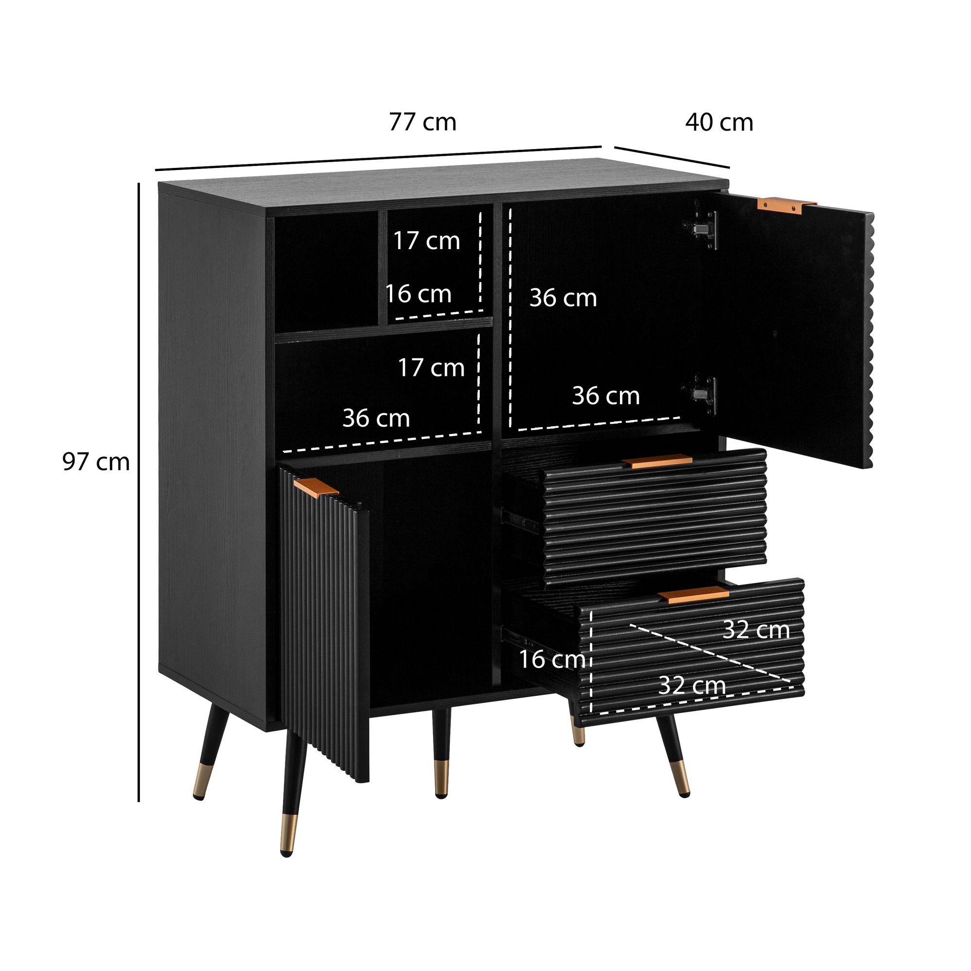 Credenza 77x97x40 cm credenza nera con decoro rovere, cassettiera con ante e cassetti, cassettiera armadio da ingresso con ripiano moderno, armadio in piedi soggiorno gambe in metallo