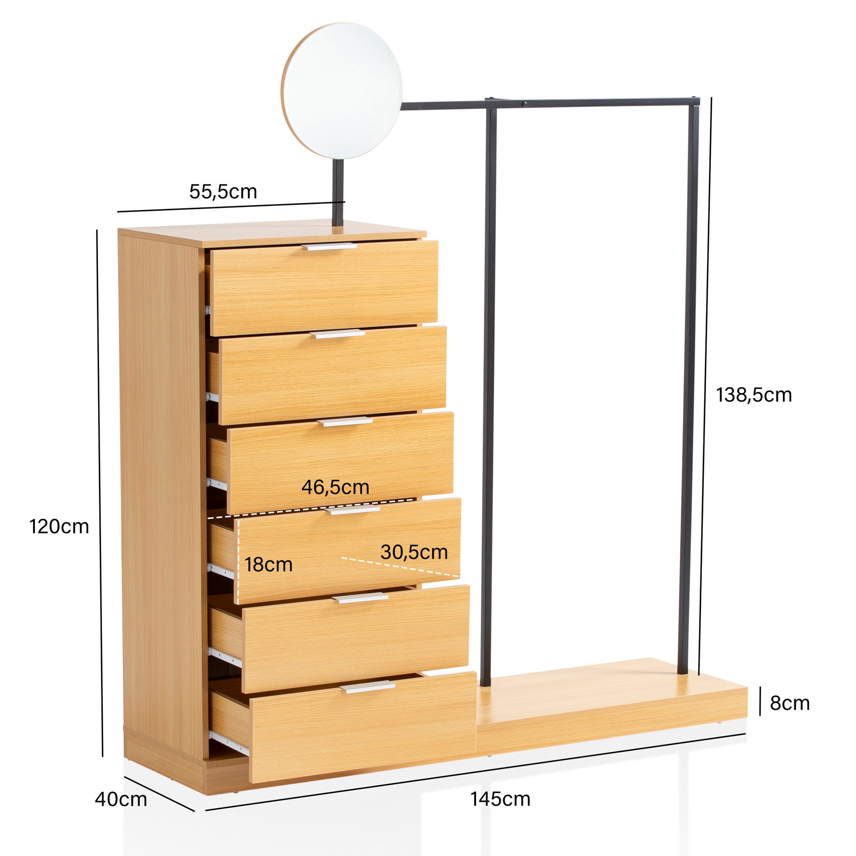 Armadio arredamento rovere 145x165x40 cm armadio da corridoio moderno, armadio compatto per scarpe, giacche, sciarpe e cappelli, appendiabiti da corridoio con cassettiera, asta appendiabiti e specchio