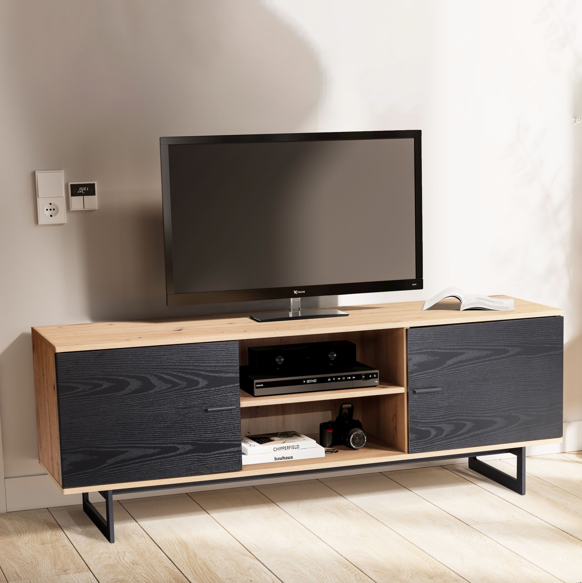 Mobile tv basso con decoro in rovere nero 150x55x40 cm mobile tv moderno, mobile tv di design alto, tavolo tv mobile tv con due ante, mobile tv soggiorno