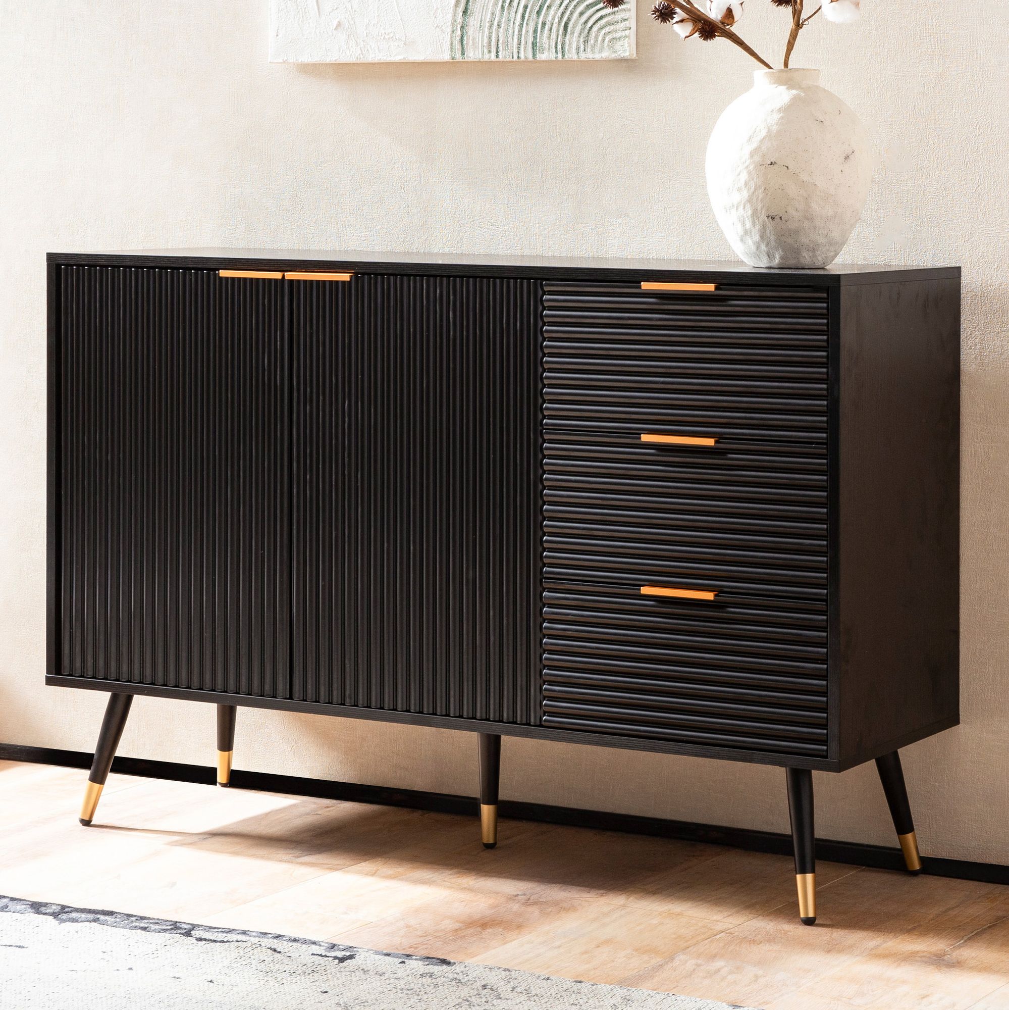 Credenza 120x80x40 cm credenza nera con decoro in rovere, cassettiera con ante e cassetti, cassettiera mobile da ingresso moderna, mobile da soggiorno gambe in metallo