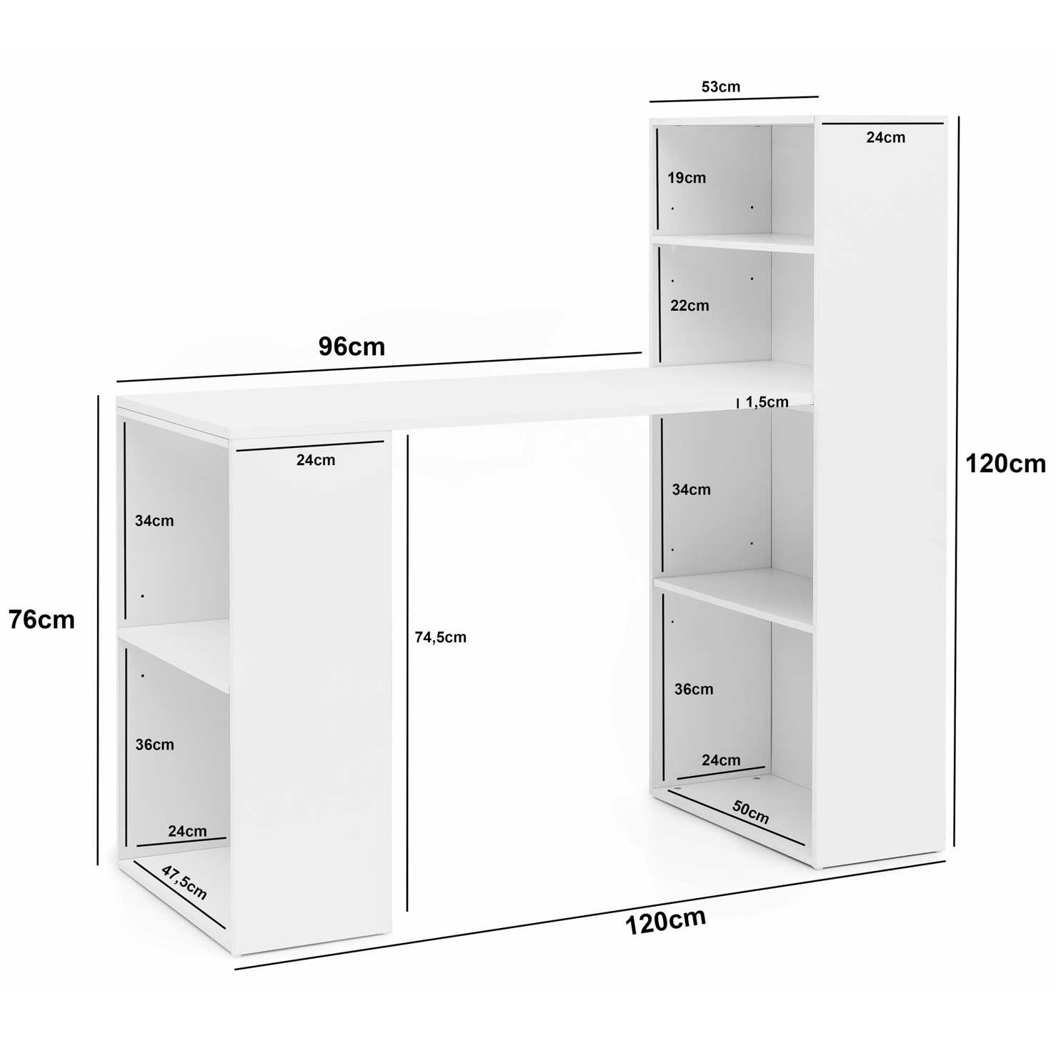 Scrivania  wl5.692 con ripiano 120 x 120 x 53 cm in legno bianco opaco moderno