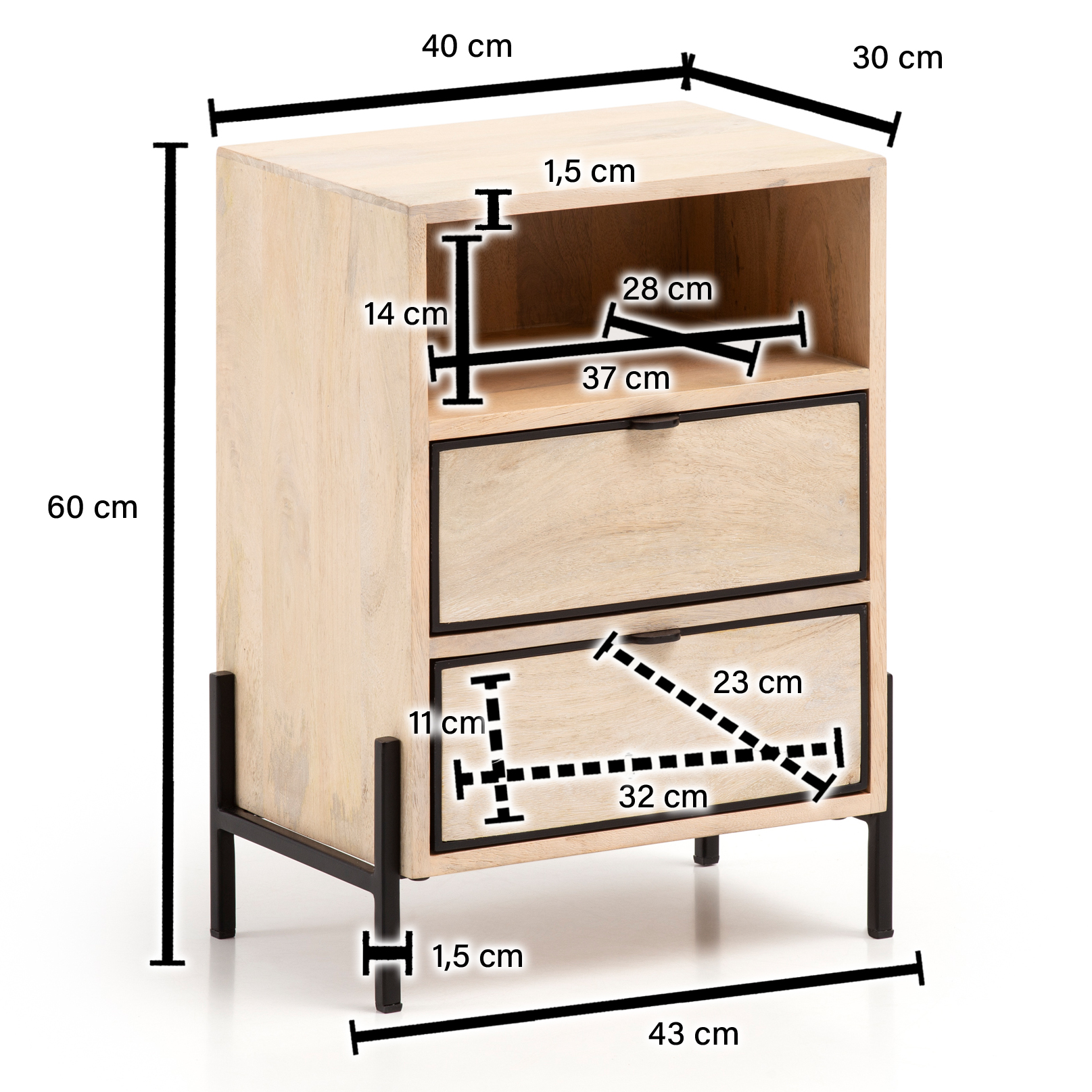 Comodino da letto legno massello mango / metallo 43x60x30 cm stile moderno